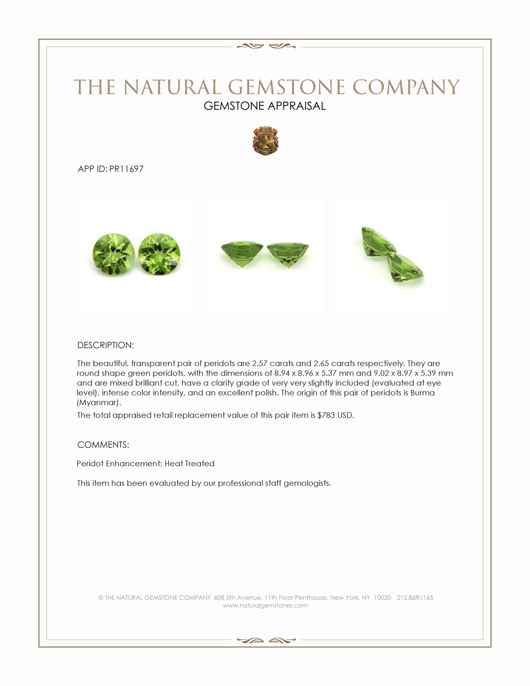 5.22 Ct.Tw. Green Peridot Pair from Burma (Myanmar)