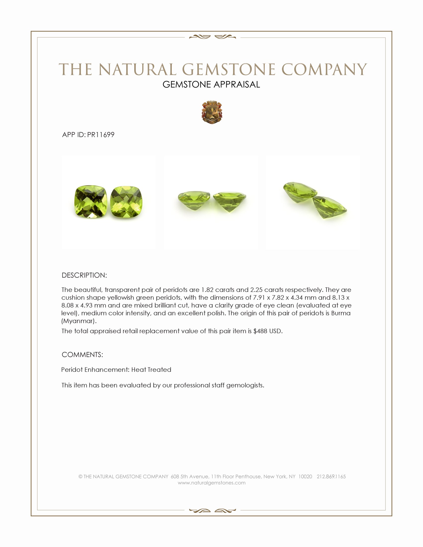 4.07 Ct.Tw. Yellowish Green Peridot Pair from Burma (Myanmar)
