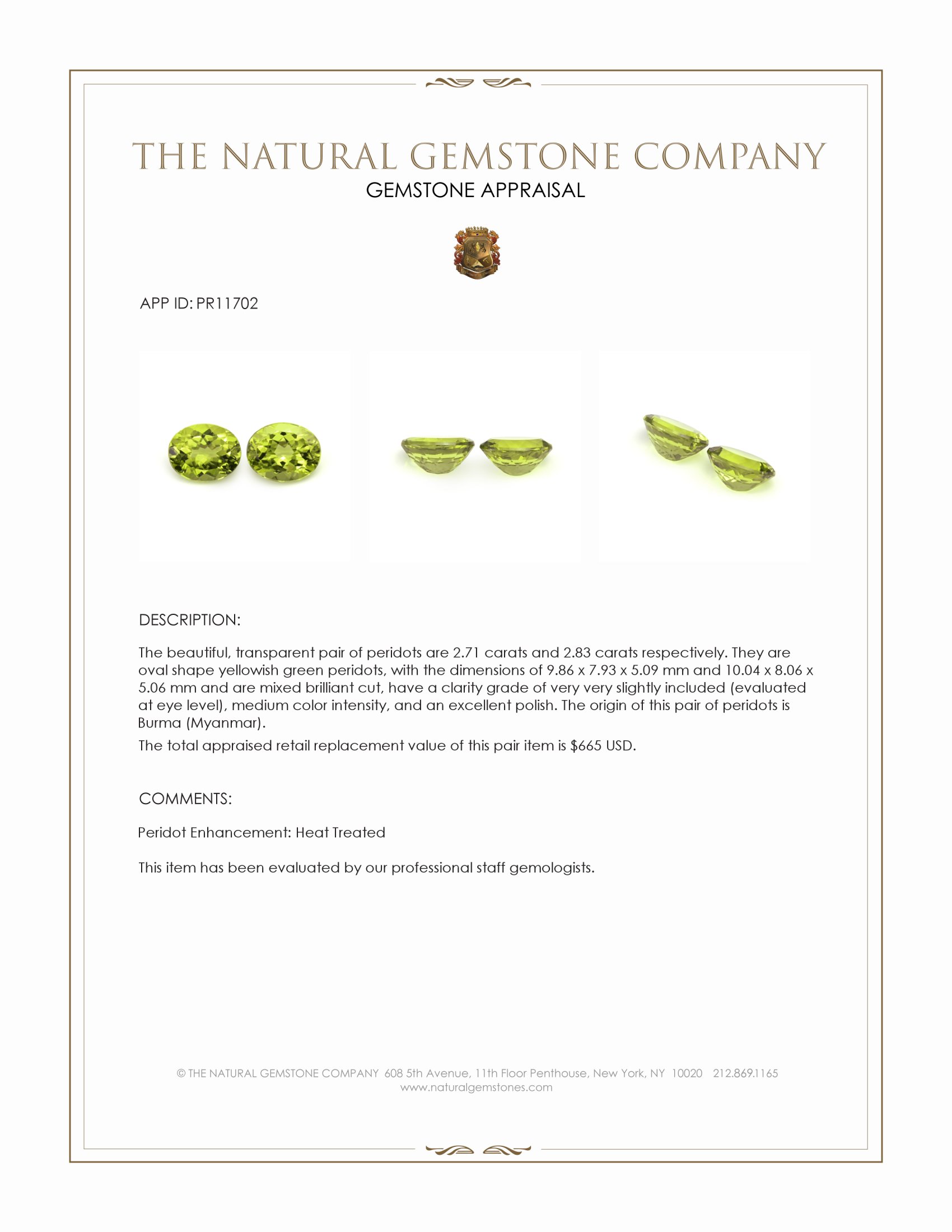 5.54 Ct.Tw. Yellowish Green Peridot Pair from Burma (Myanmar)