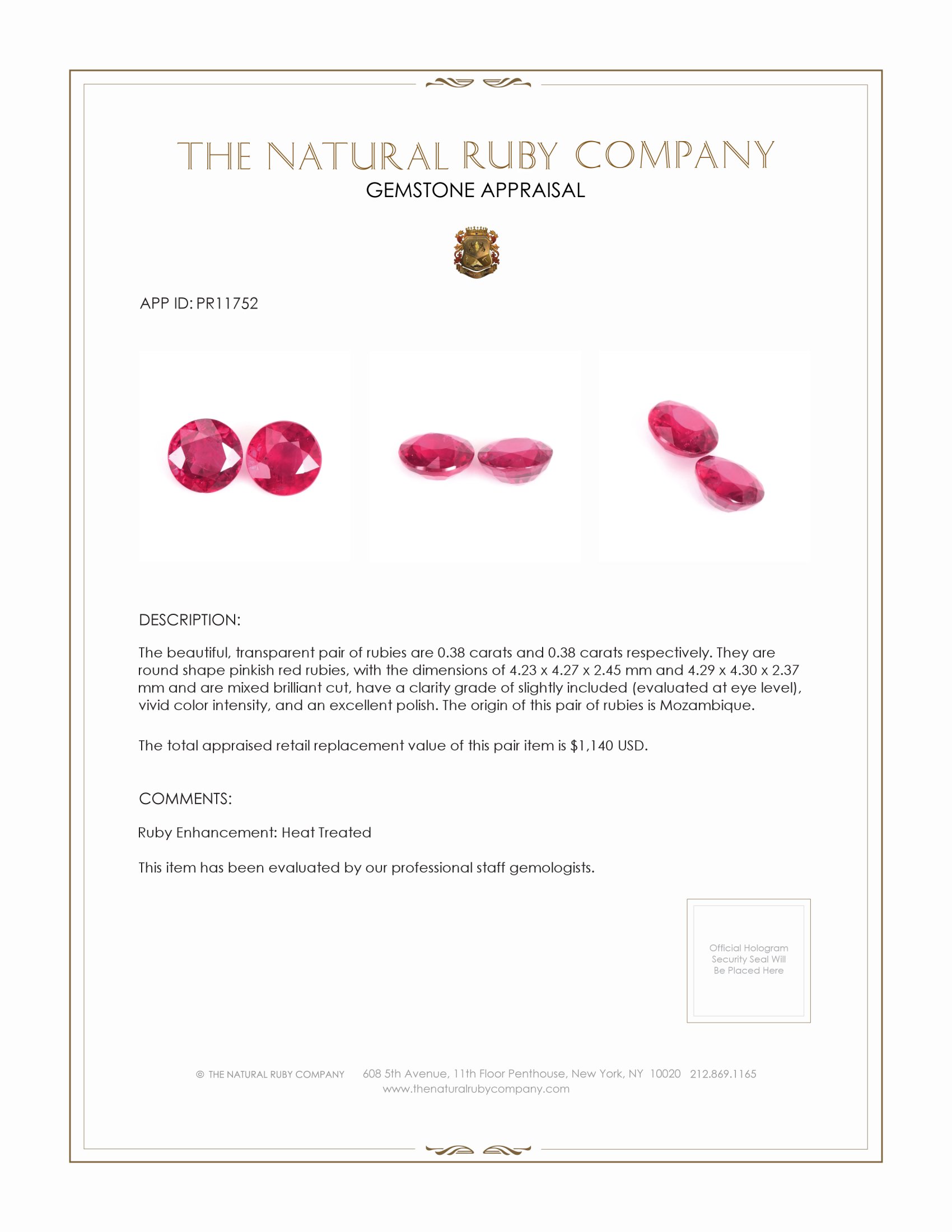 0.76 Ct.Tw. Pinkish Red Ruby Pair from Mozambique