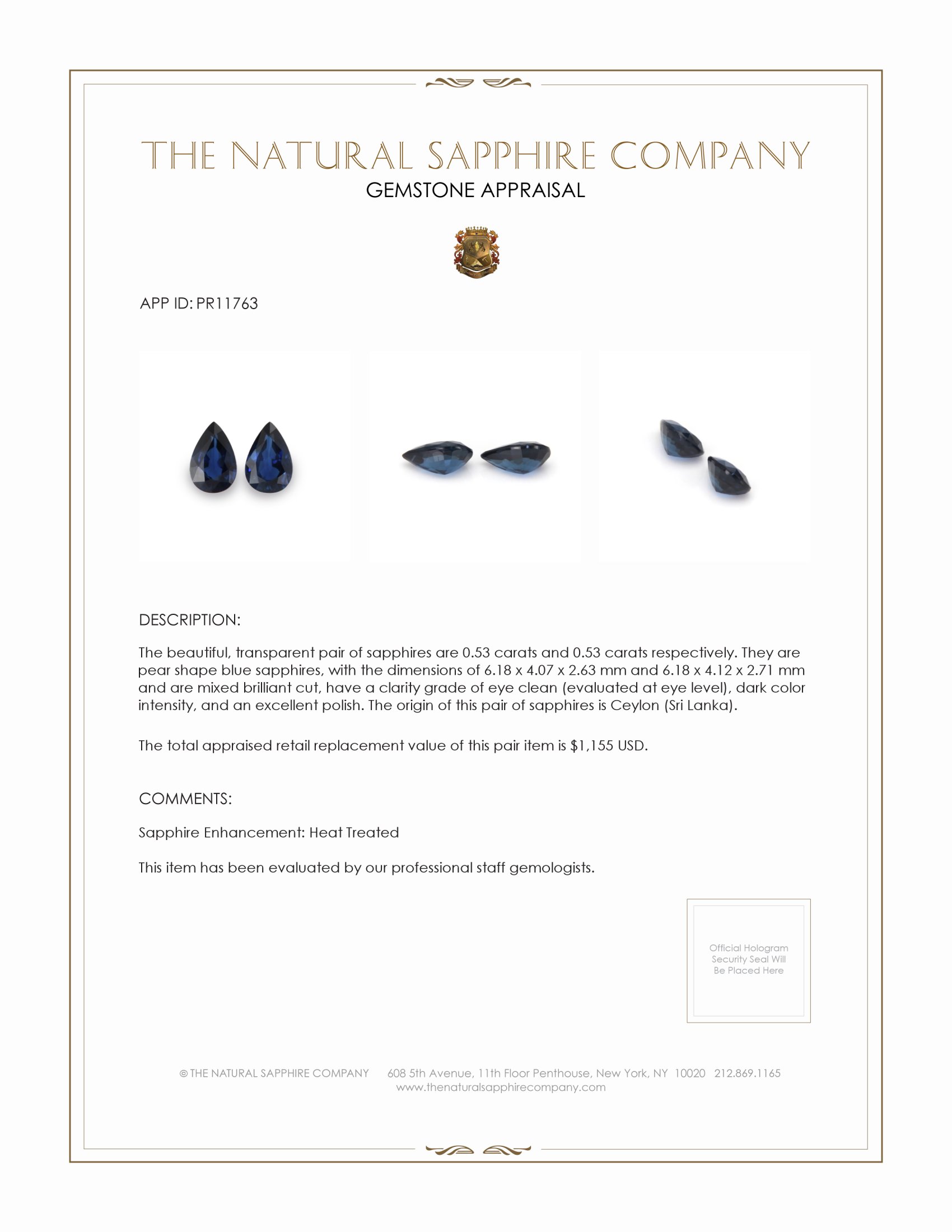 1.06 Ct.Tw. Blue Sapphire Pair from Ceylon (Sri Lanka)