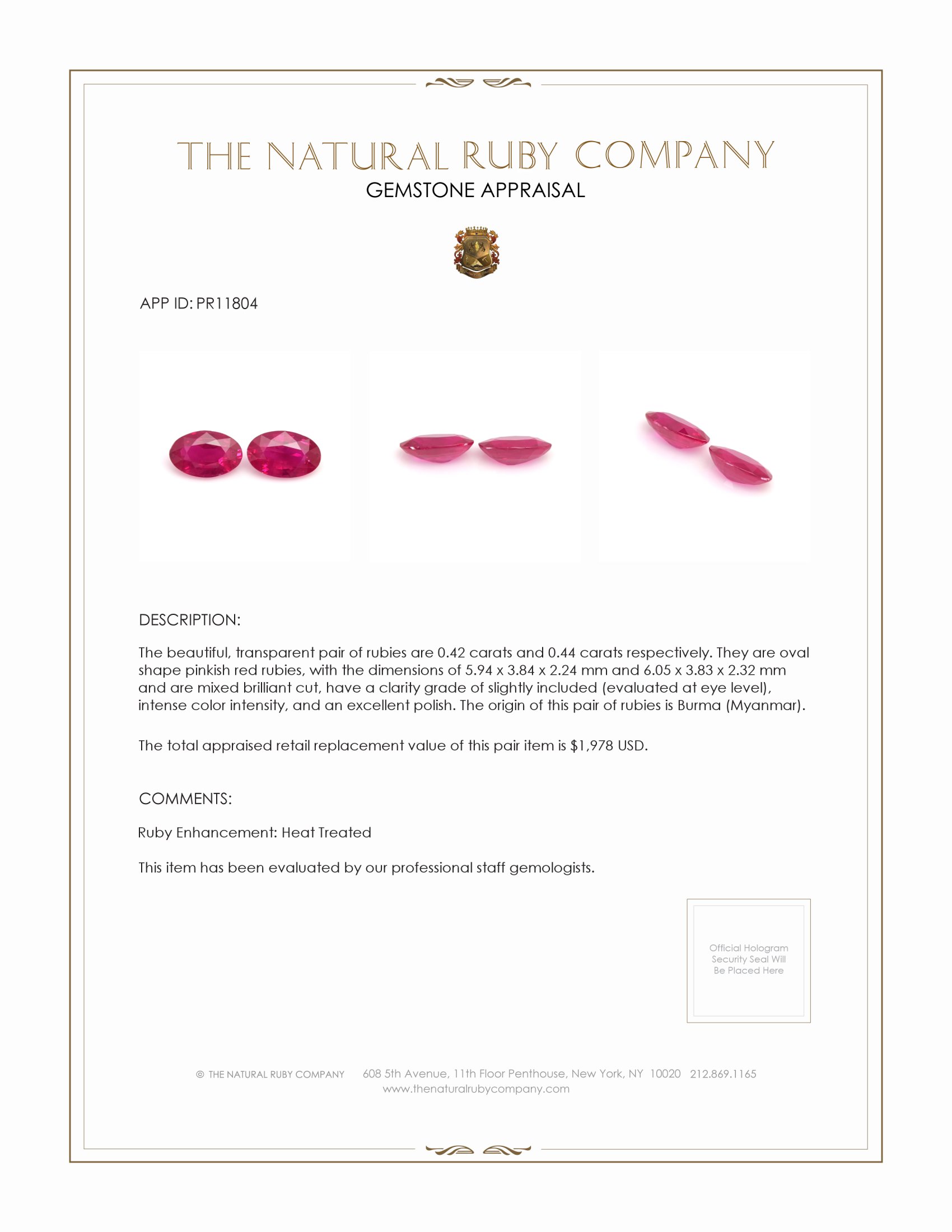 0.86 Ct.Tw. Pinkish Red Ruby Pair from Burma (Myanmar)