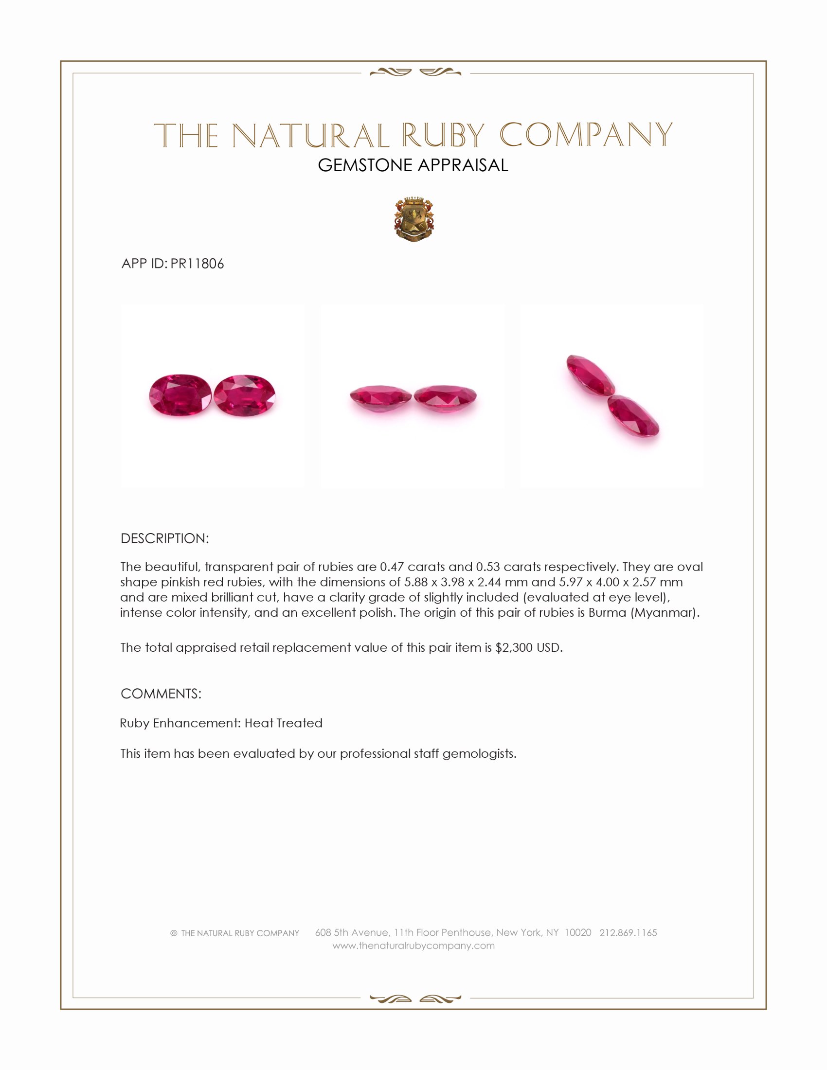 1.00 Ct.Tw. Pinkish Red Ruby Pair from Burma (Myanmar)