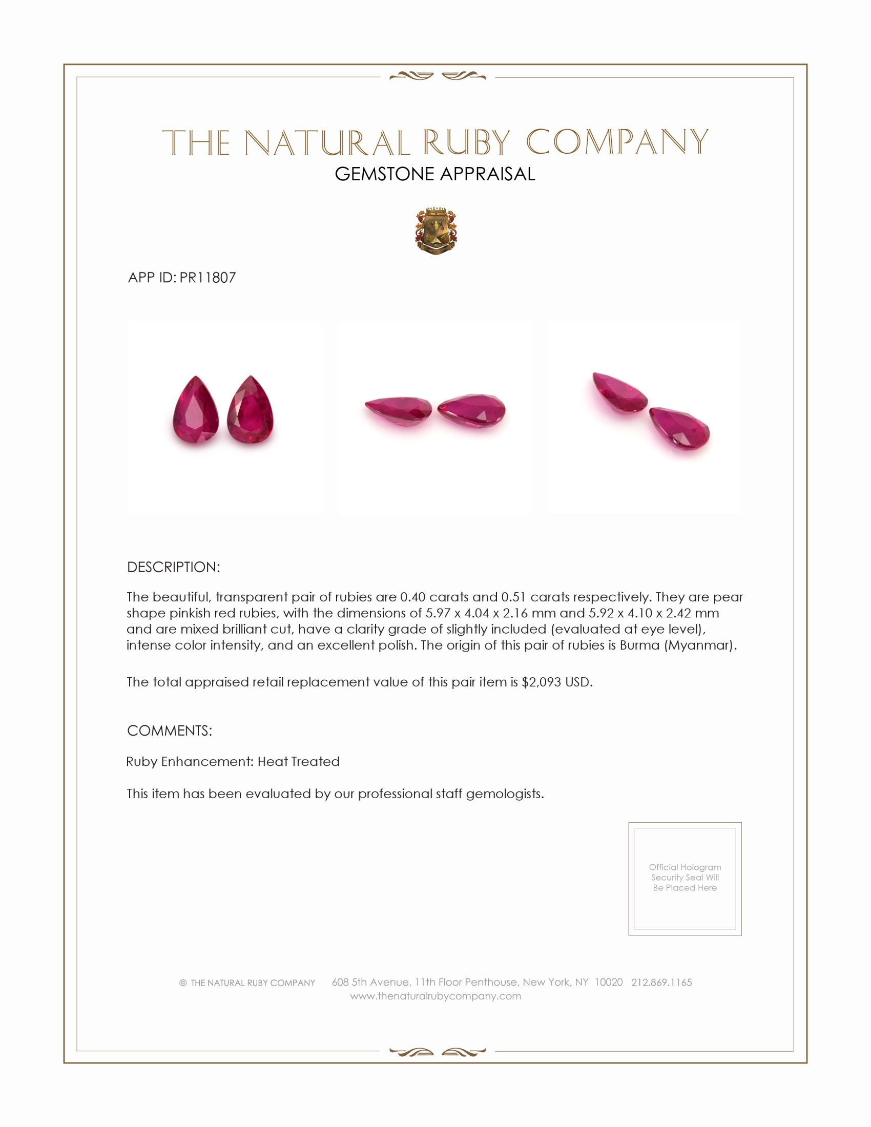 0.91 Ct.Tw. Ruby Pair from Burma (Myanmar)