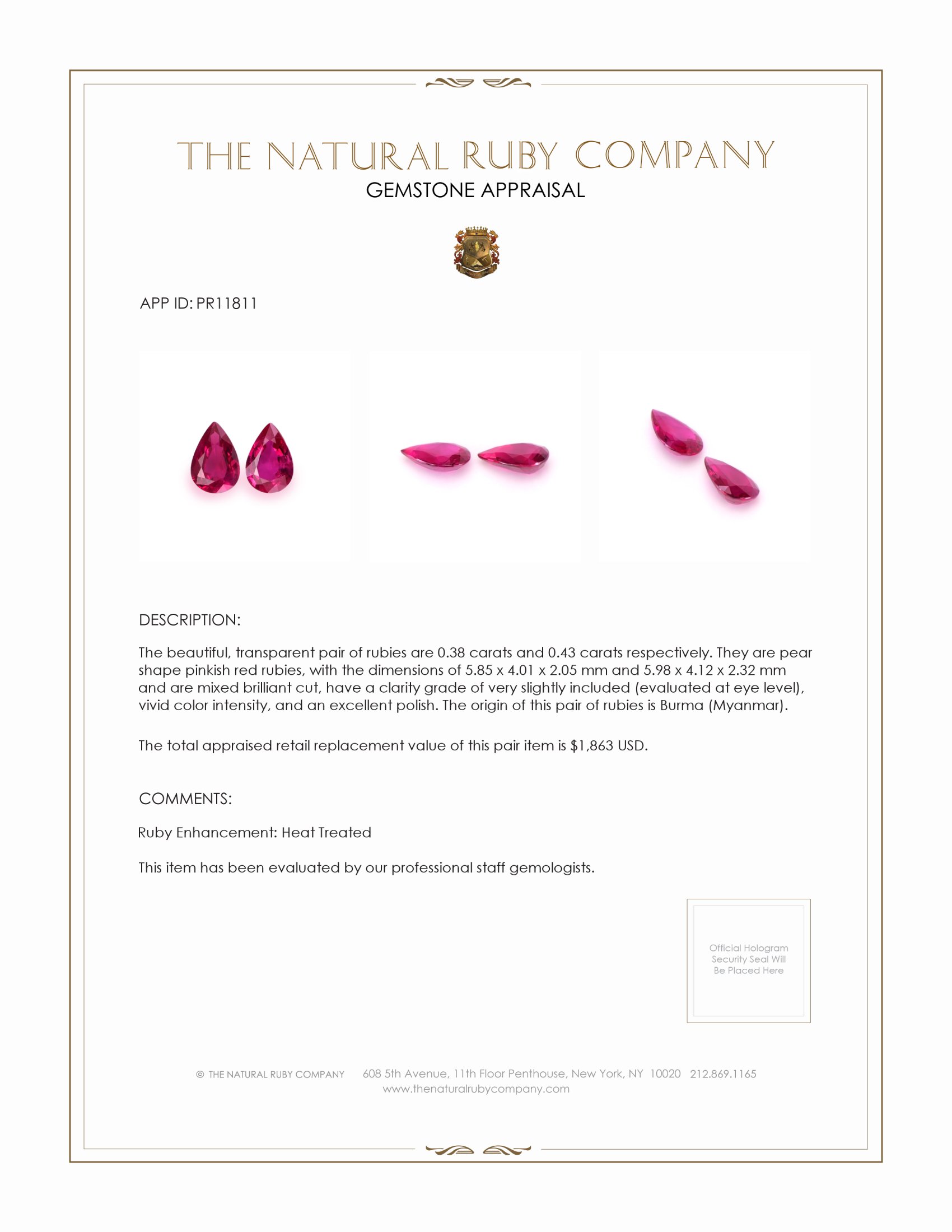 0.81 Ct.Tw. Pinkish Red Ruby Pair from Burma (Myanmar)