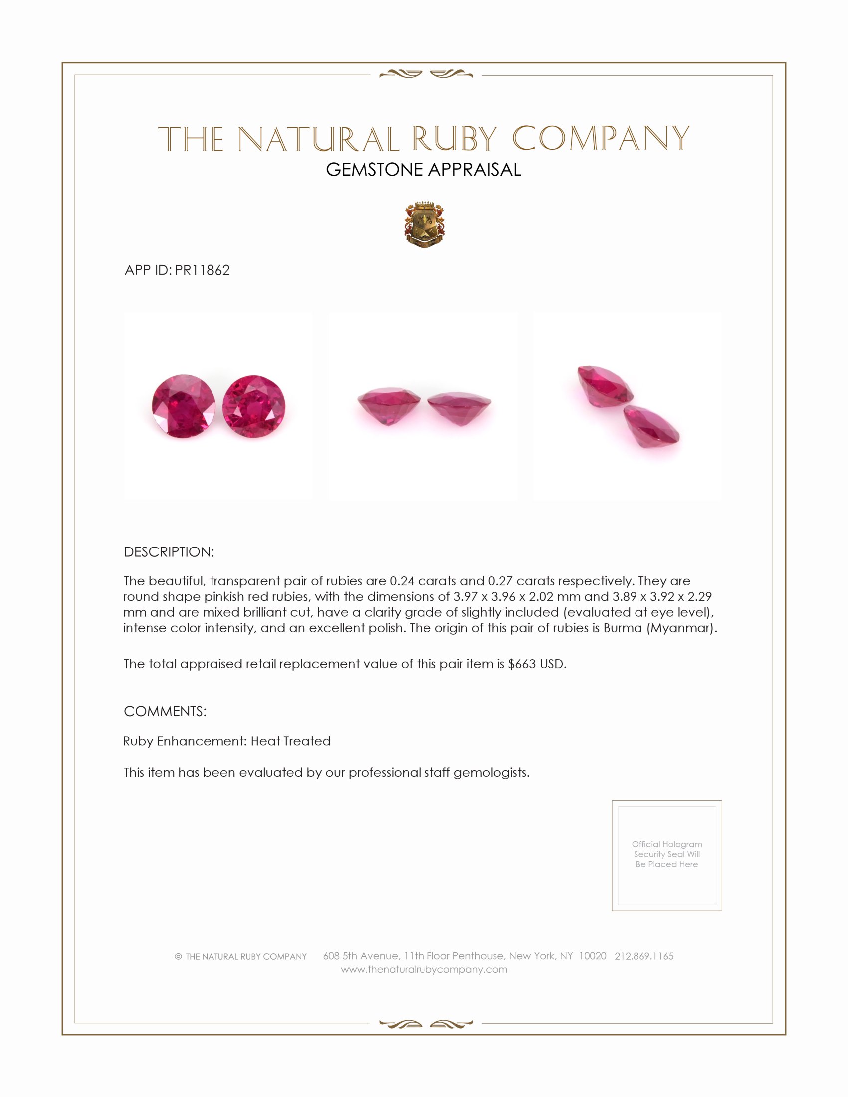 0.51 Ct.Tw. Pinkish Red Ruby Pair from Burma (Myanmar)