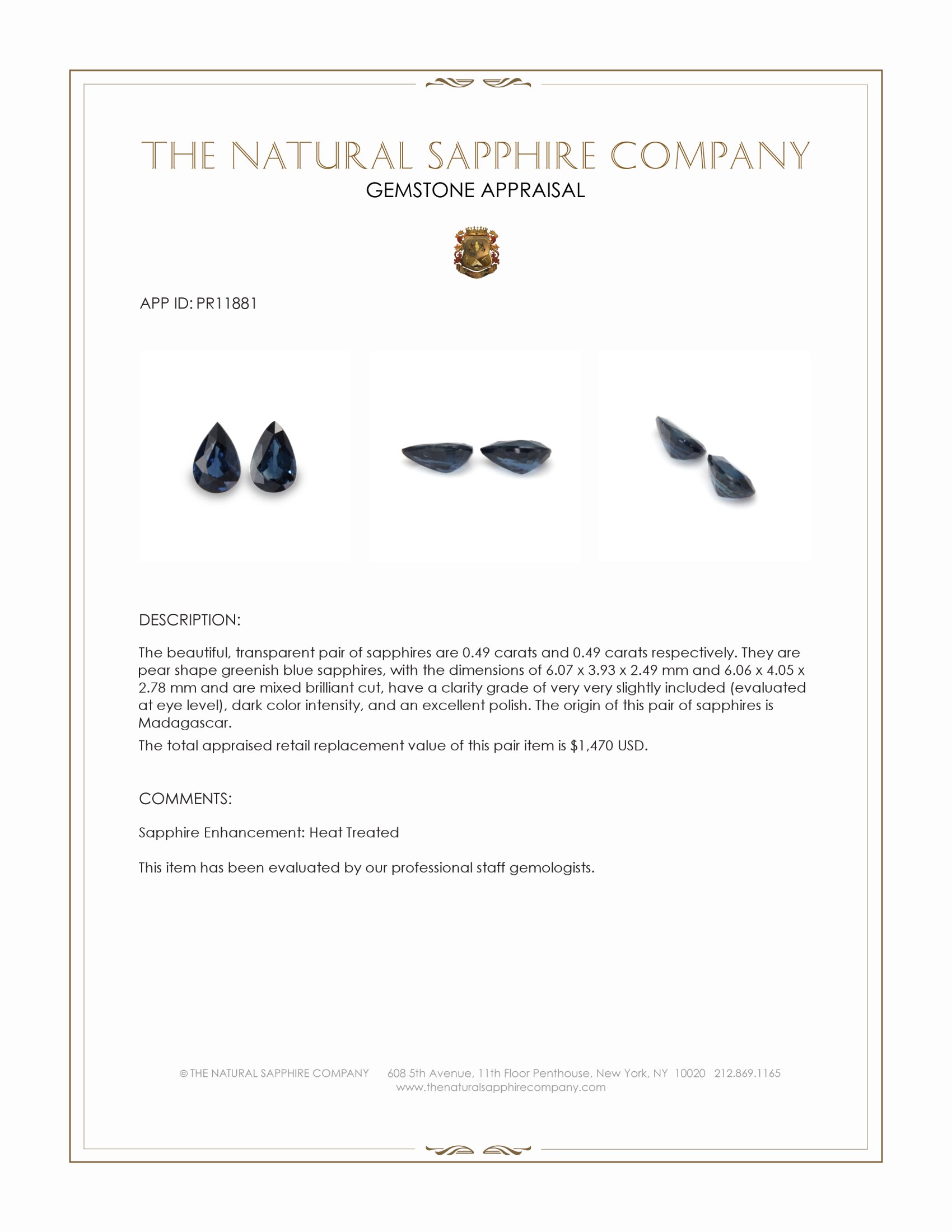 0.98 Ct.Tw. Greenish Blue Sapphire Pair from Madagascar