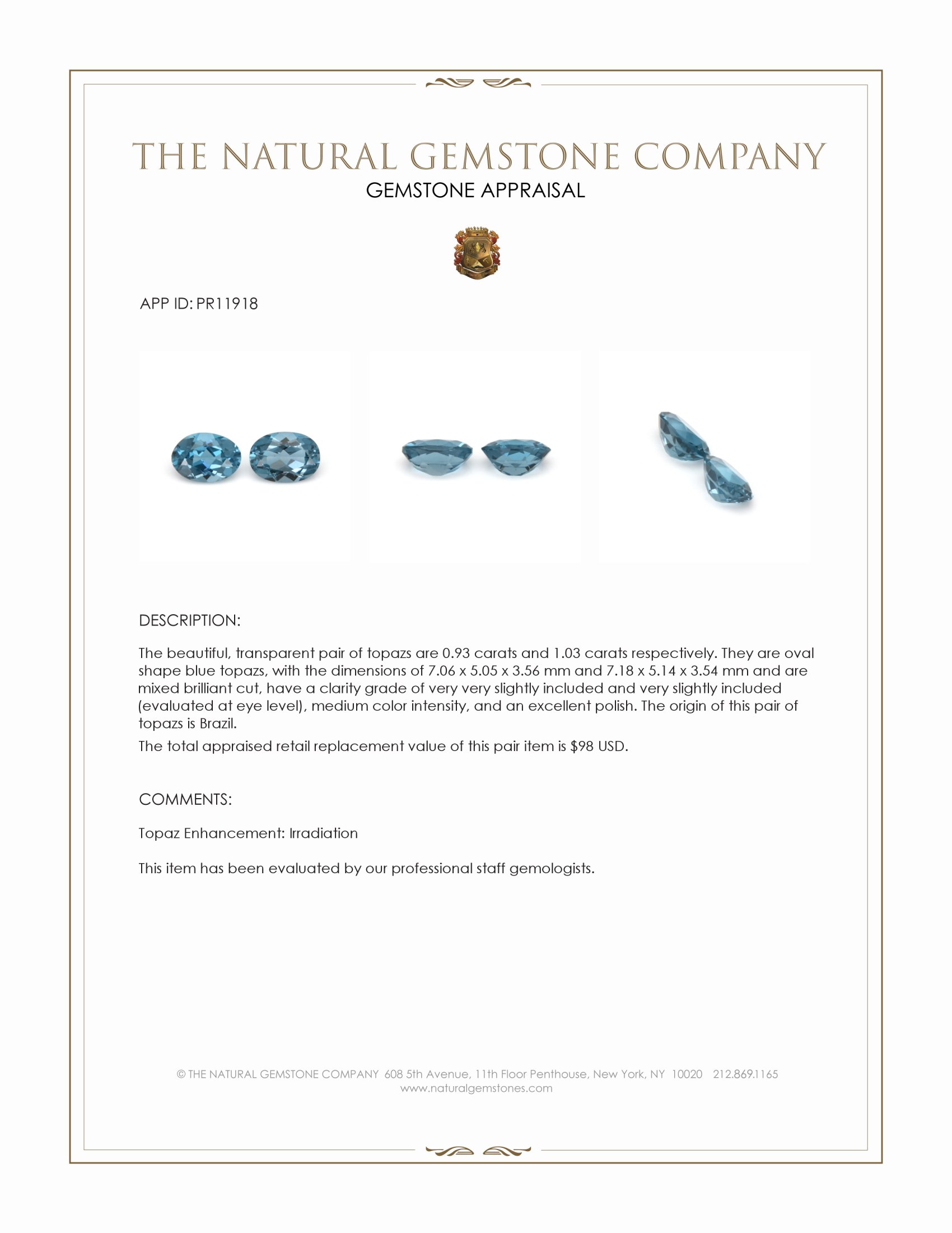 1.96 Ct.Tw. Blue Topaz Pair from Brazil
