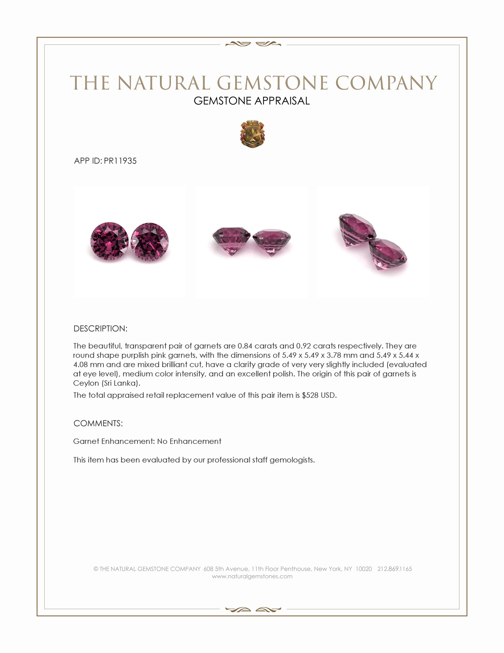 1.76 Ct.Tw. Garnet Pair from Ceylon (Sri Lanka)