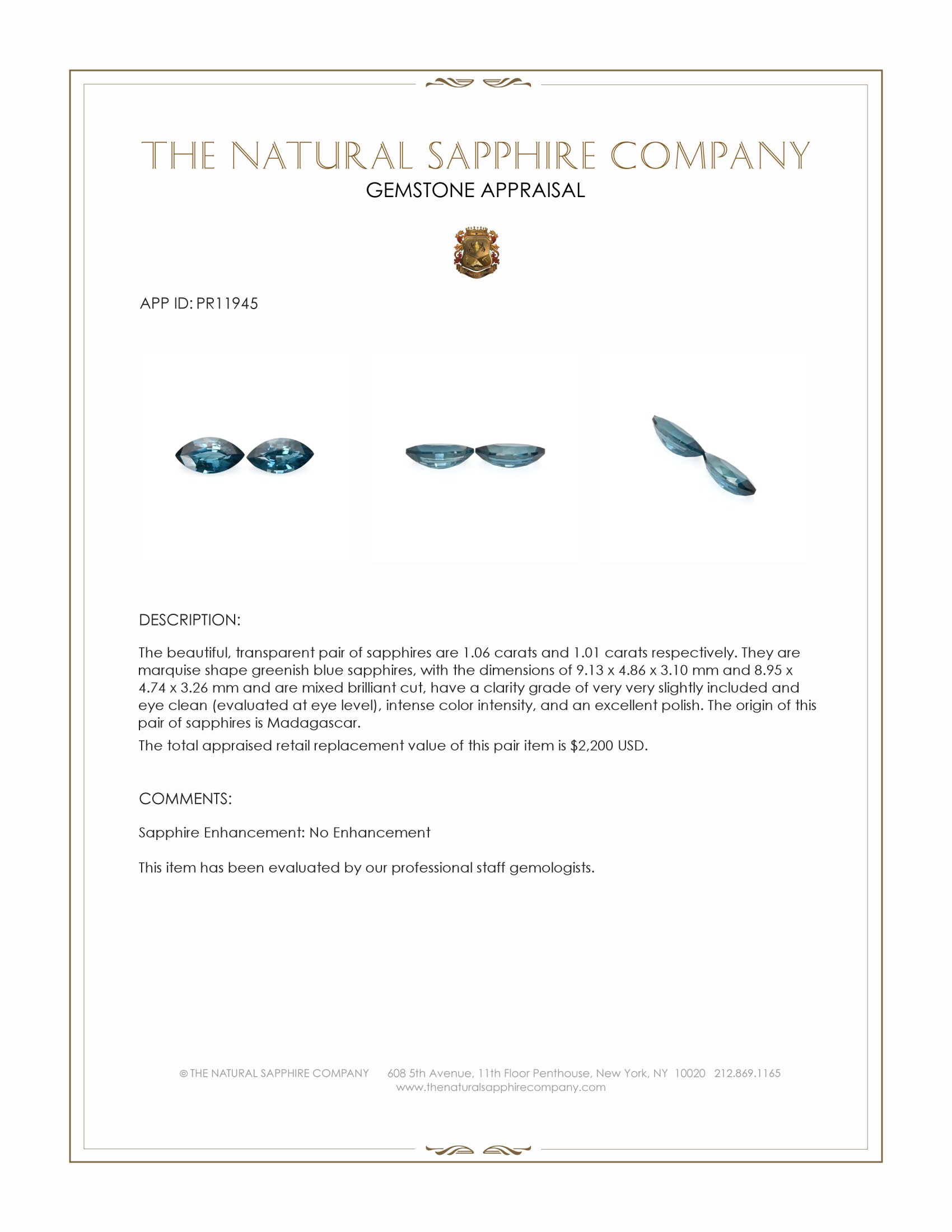 2.07 Ct.Tw. Greenish Blue Sapphire Pair from Madagascar