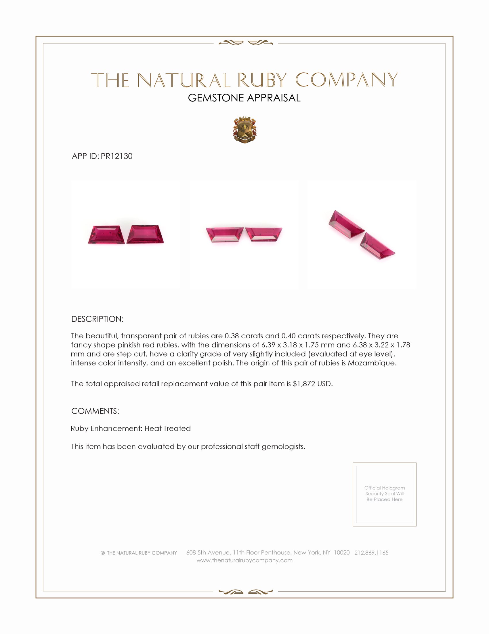 0.78 Ct.Tw. Pinkish Red Ruby Pair from Mozambique