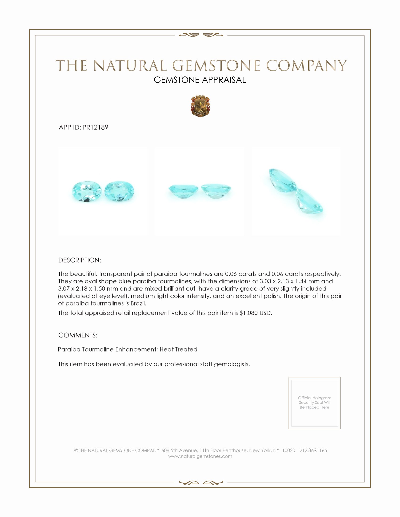 0.12 Ct.Tw. Blue Paraiba Tourmaline Pair from Brazil