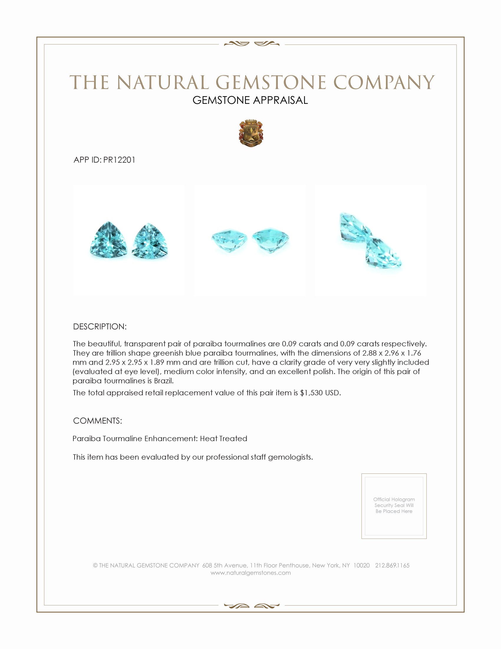 0.18 Ct.Tw. Greenish Blue Paraiba Tourmaline Pair from Brazil