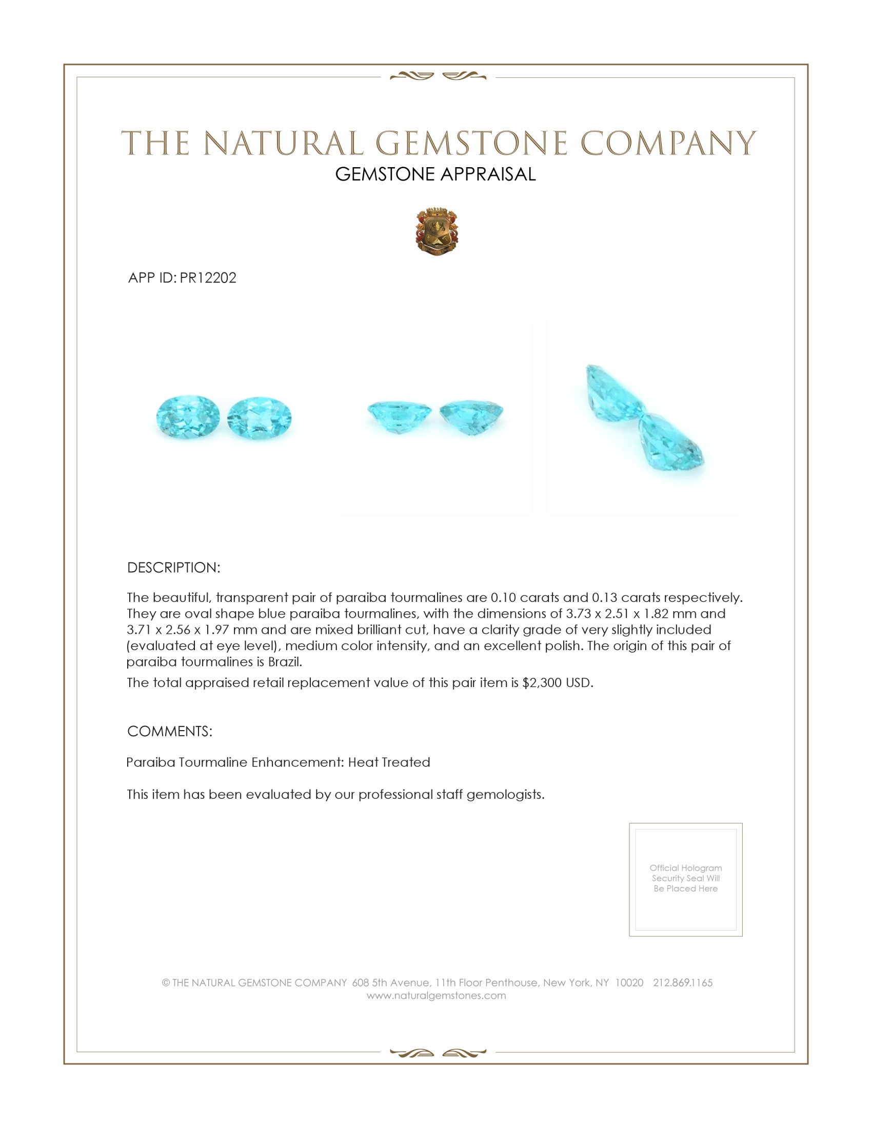 0.23 Ct.Tw. Blue Paraiba Tourmaline Pair from Brazil