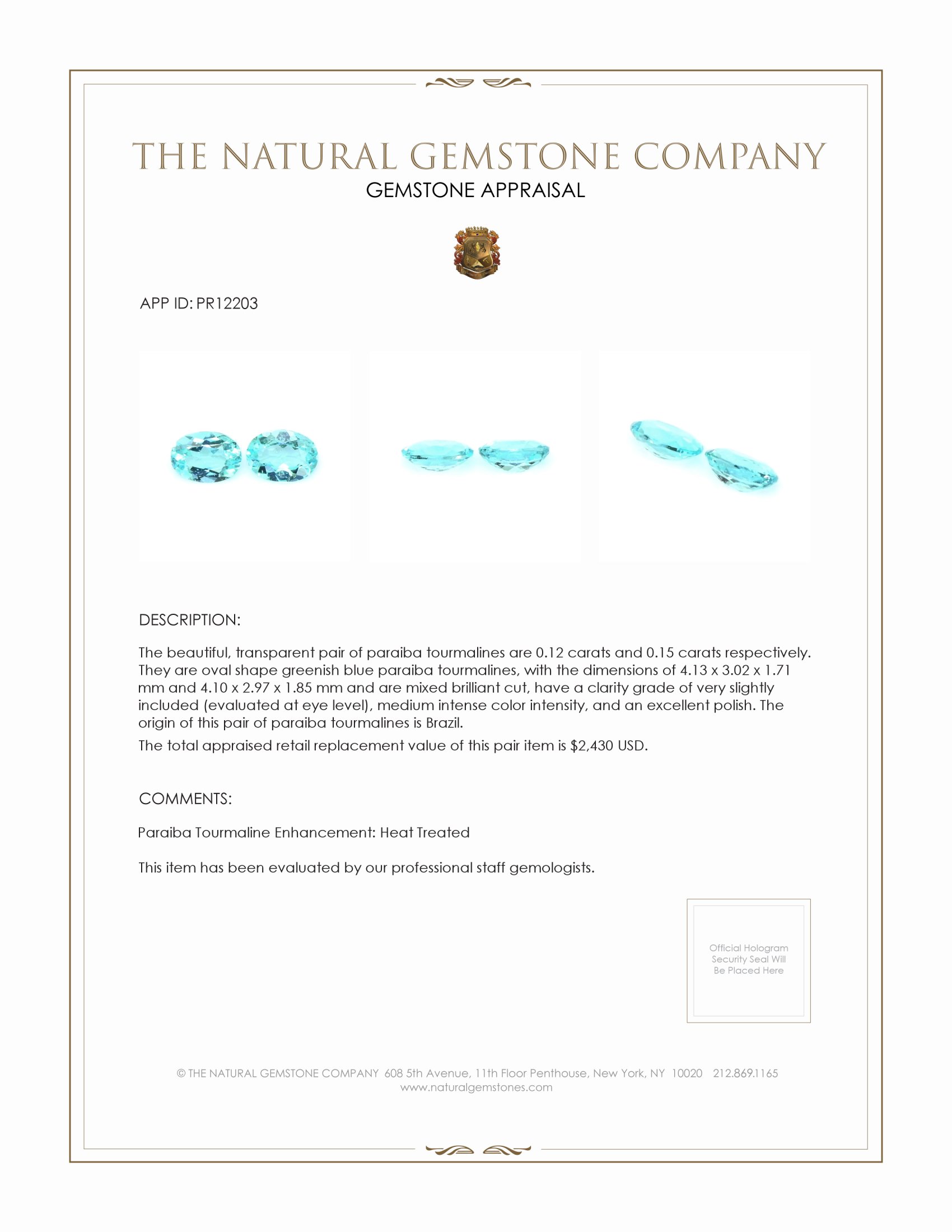 0.27 Ct.Tw. Greenish Blue Paraiba Tourmaline Pair from Brazil