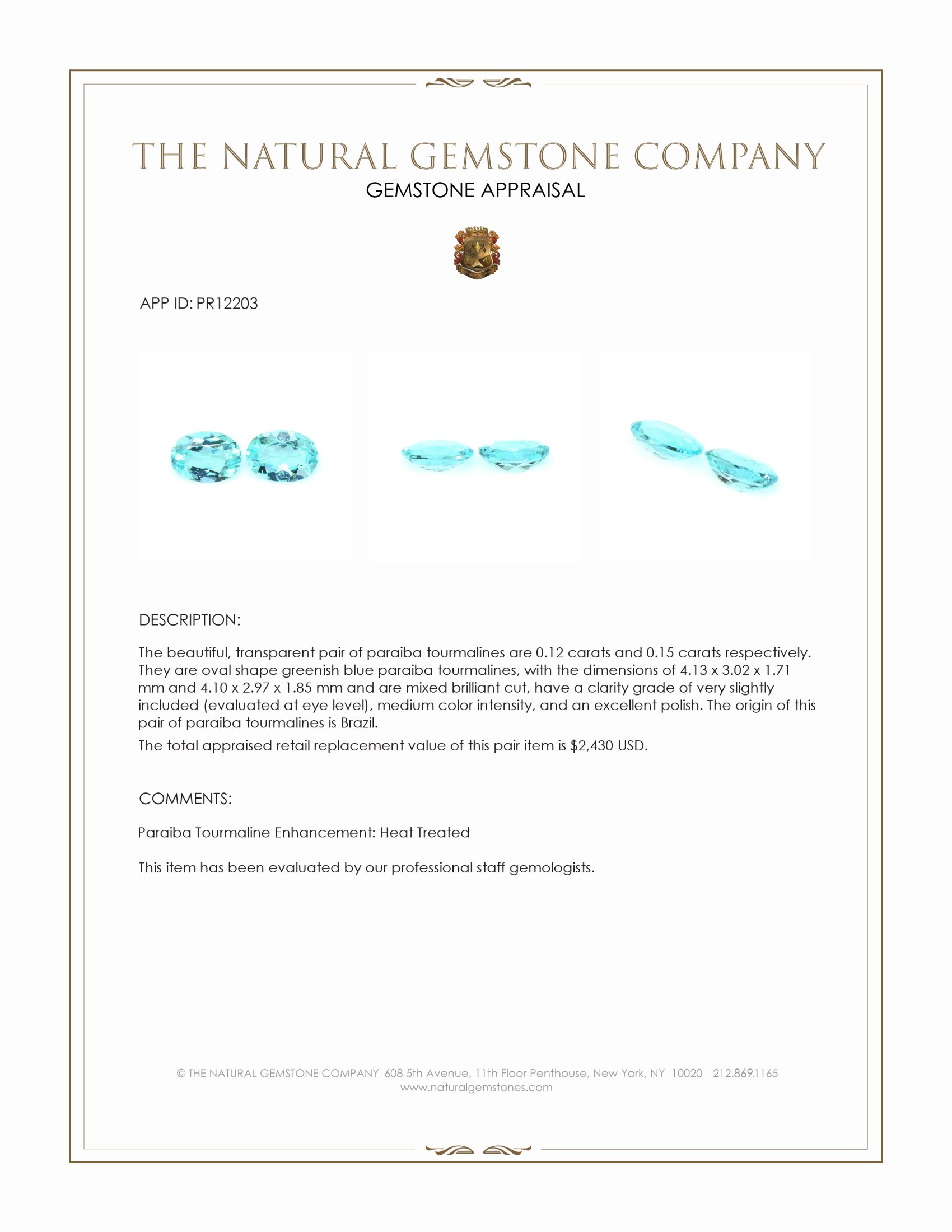 0.27 Ct.Tw. Paraiba Tourmaline Pair from Brazil