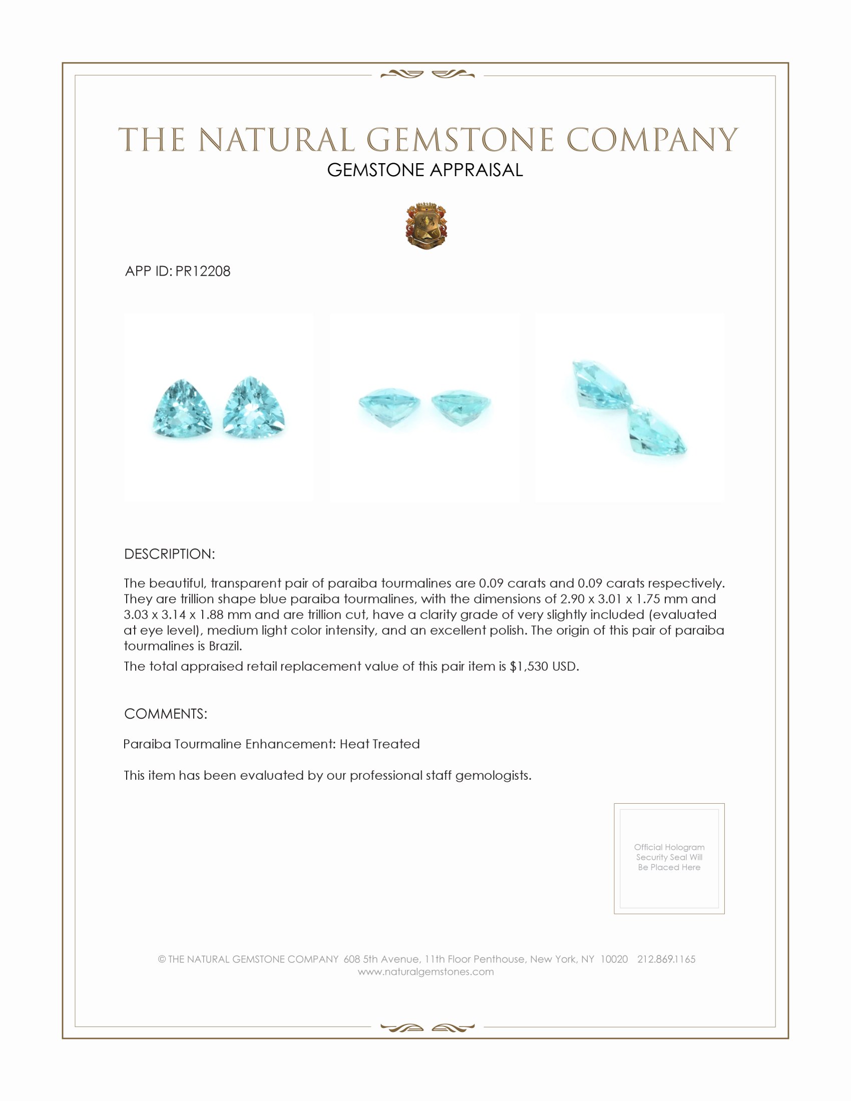 0.18 Ct.Tw. Blue Paraiba Tourmaline Pair from Brazil
