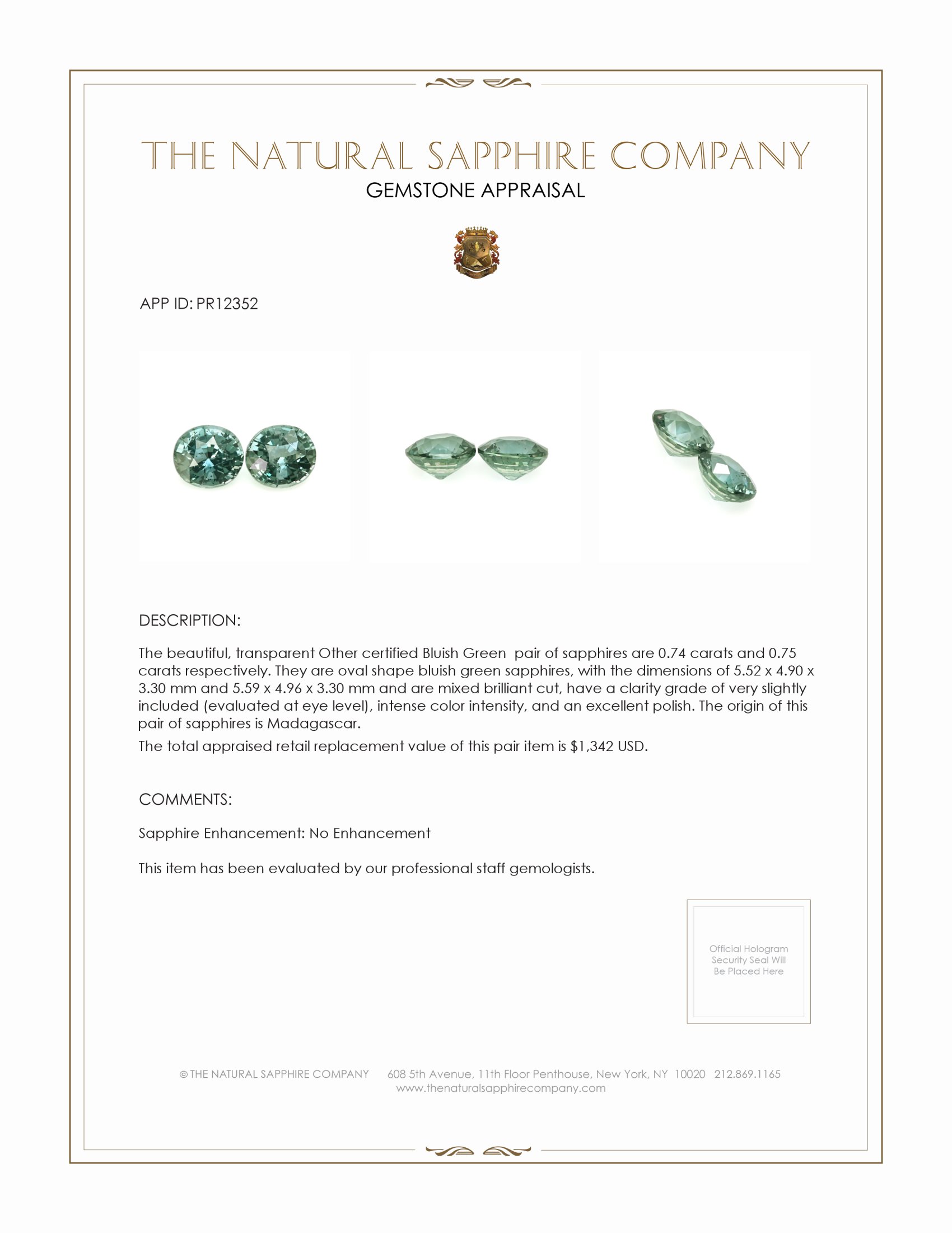 1.49 Ct.Tw. Bluish Green Sapphire Pair from Madagascar
