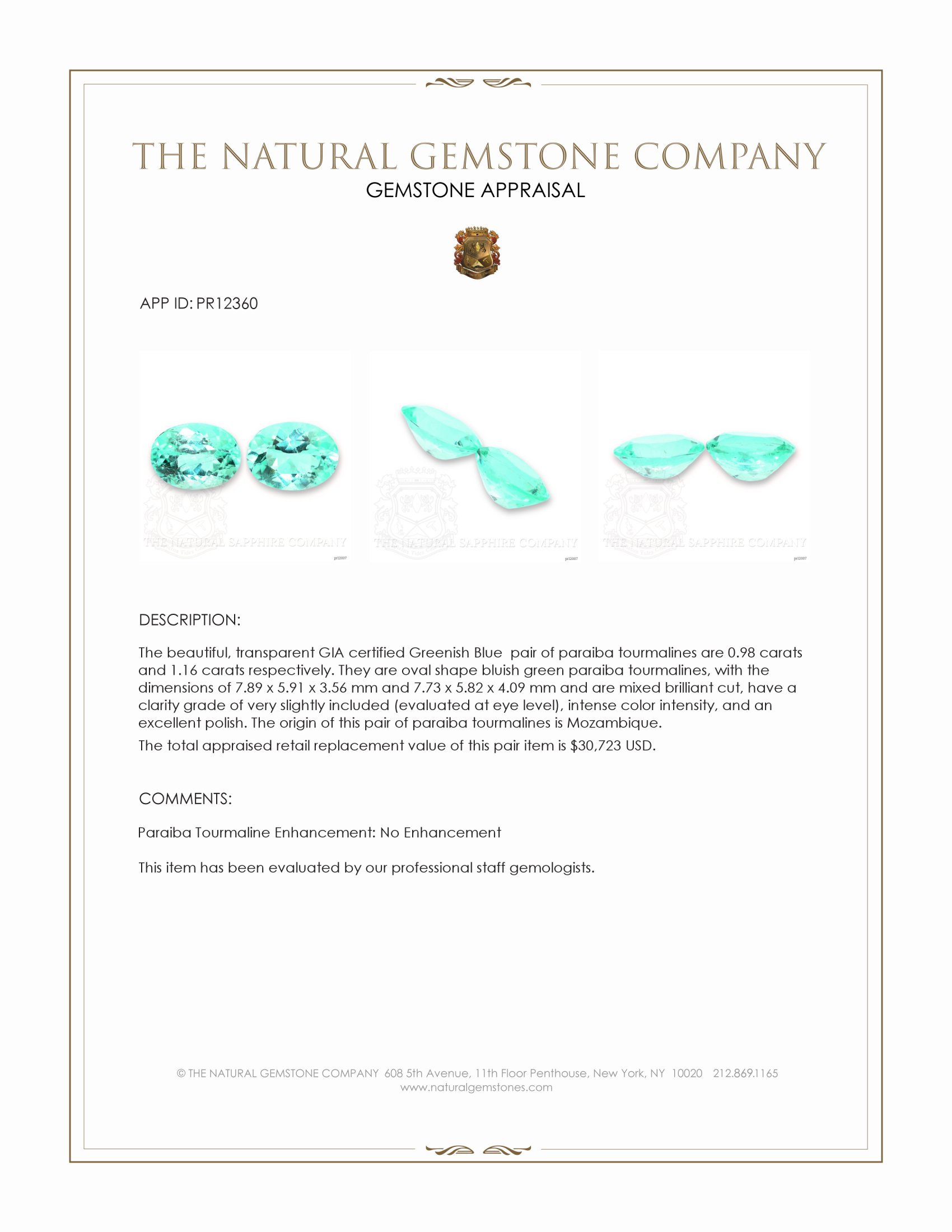 2.14 Ct.Tw. Bluish Green Paraiba Tourmaline Pair from Mozambique