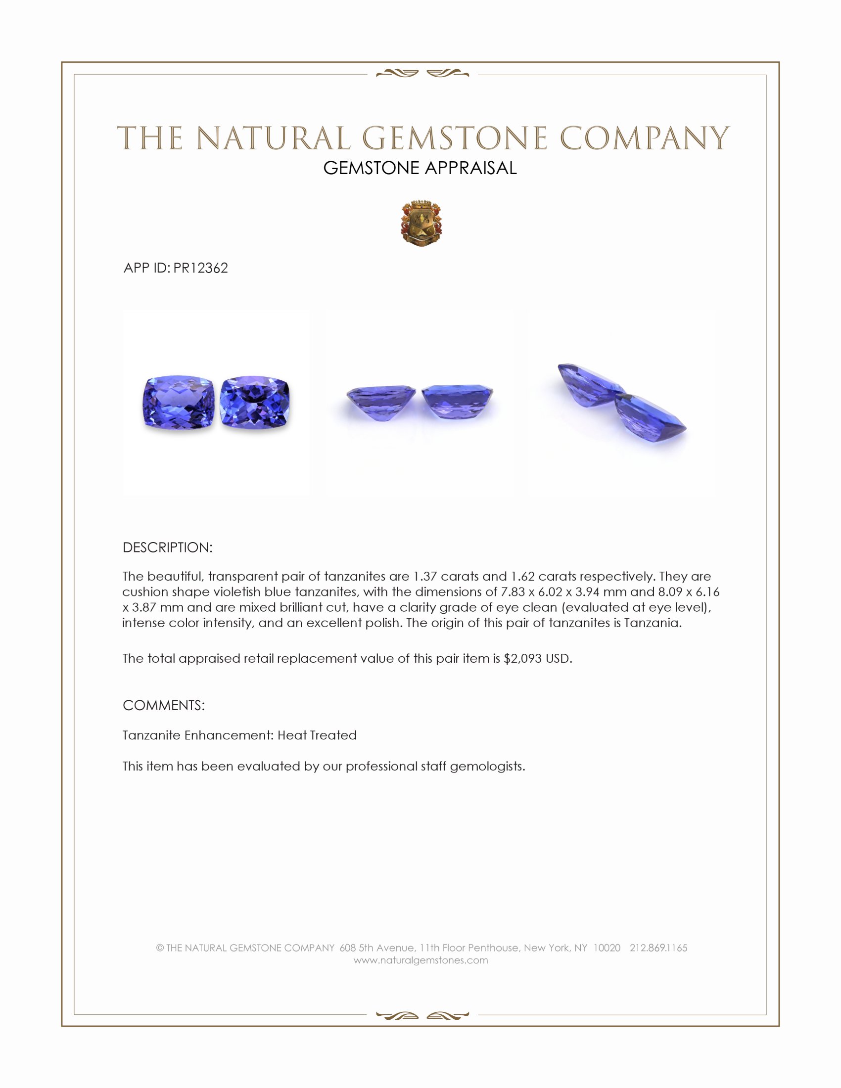 2.99 Ct.Tw. Violetish Blue Tanzanite Pair from Tanzania