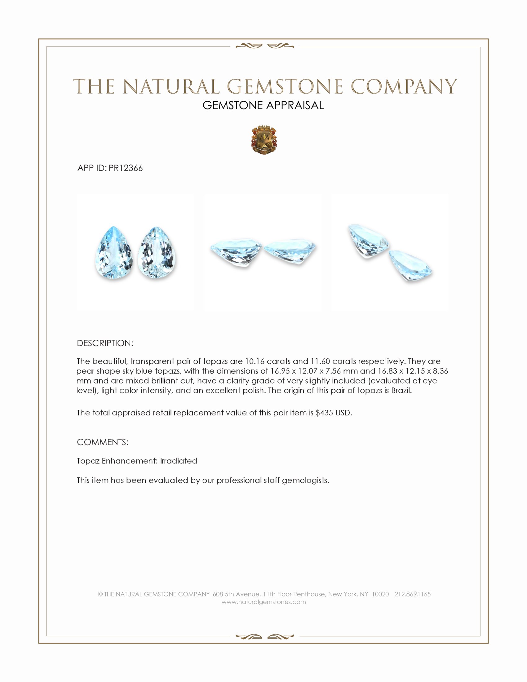 21.76 Ct.Tw. Sky Blue Topaz Pair from Brazil