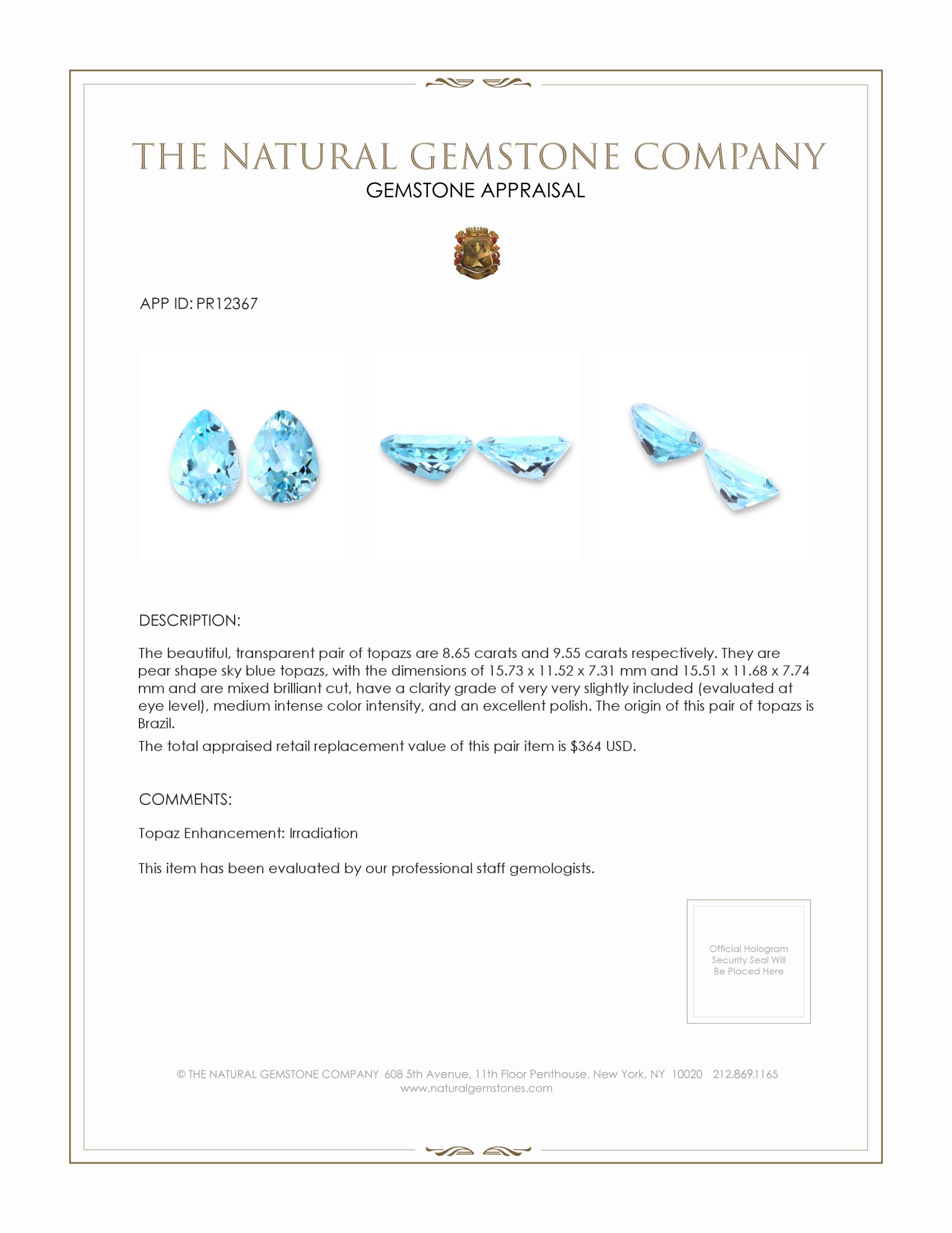 18.20 Ct.Tw. Sky Blue Topaz Pair from Brazil