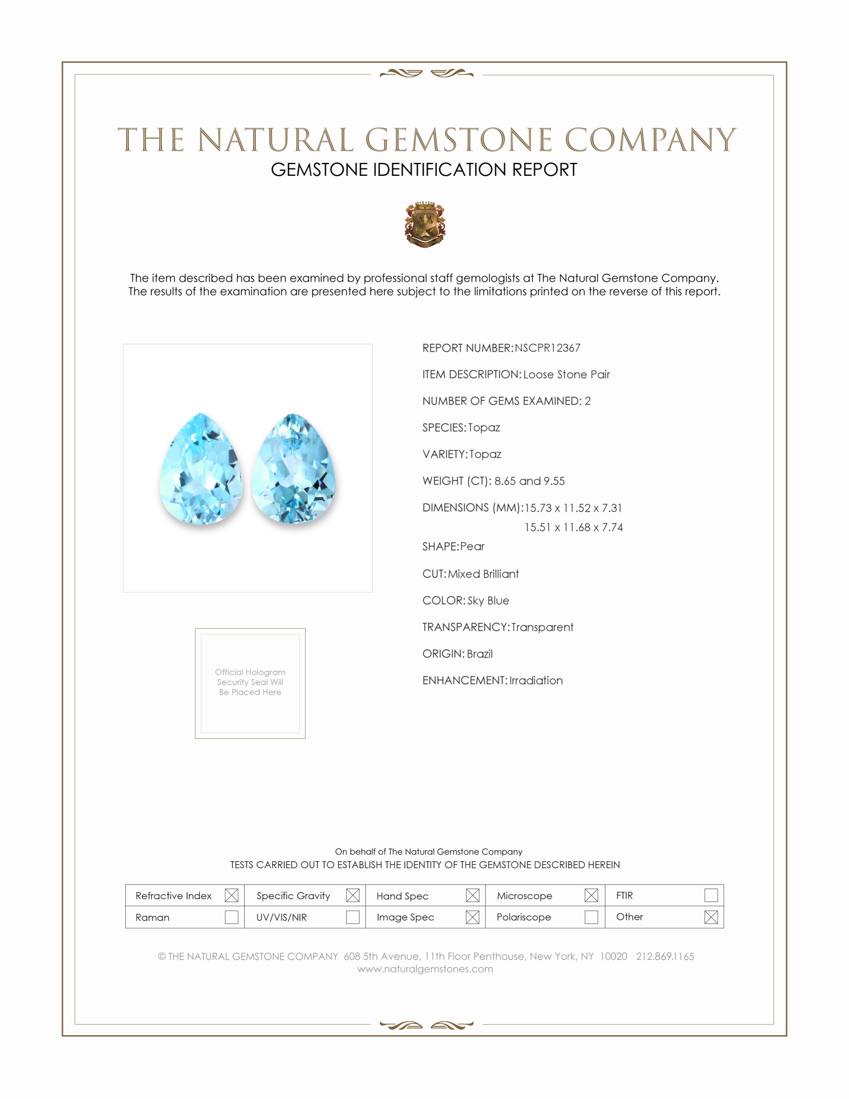 18.20 Ct.Tw. Sky Blue Topaz Pair from Brazil