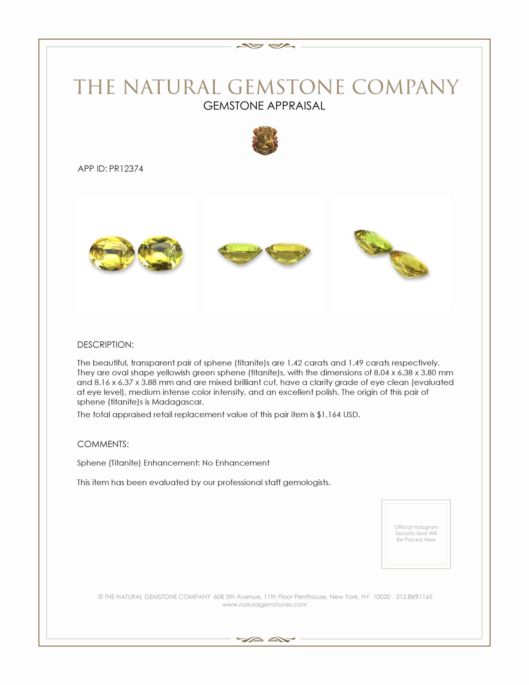 2.91 Ct.Tw. Yellowish Green Sphene (Titanite) Pair from Madagascar