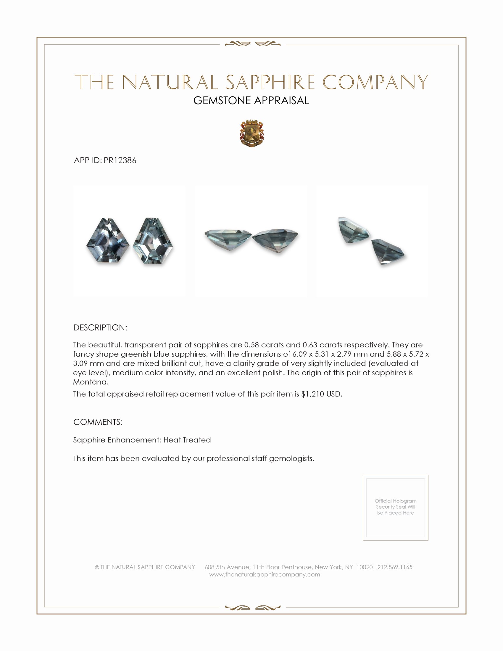 1.21 Ct.Tw. Greenish Blue Sapphire Pair from Montana