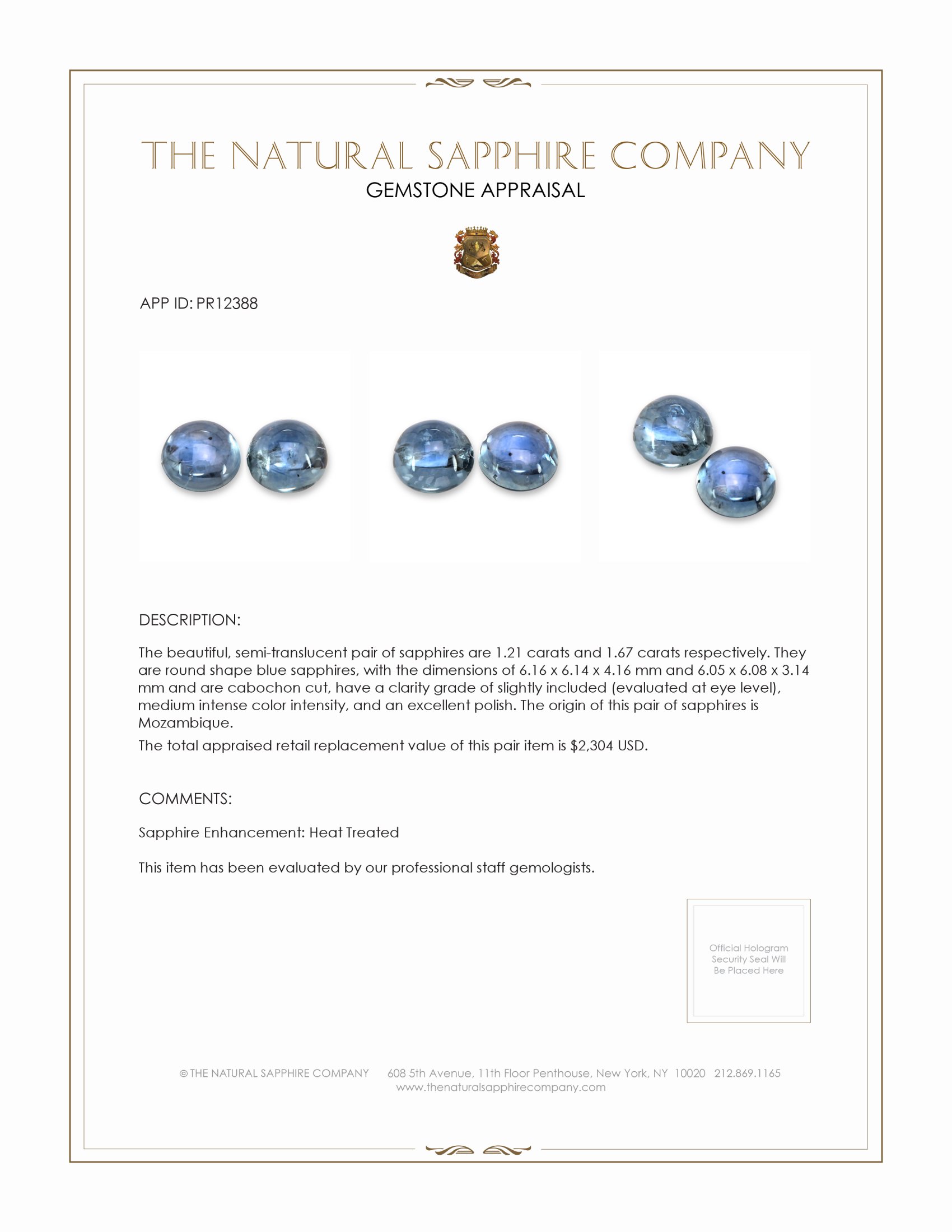 2.88 Ct.Tw. Blue Cabochon Sapphire Pair from Mozambique