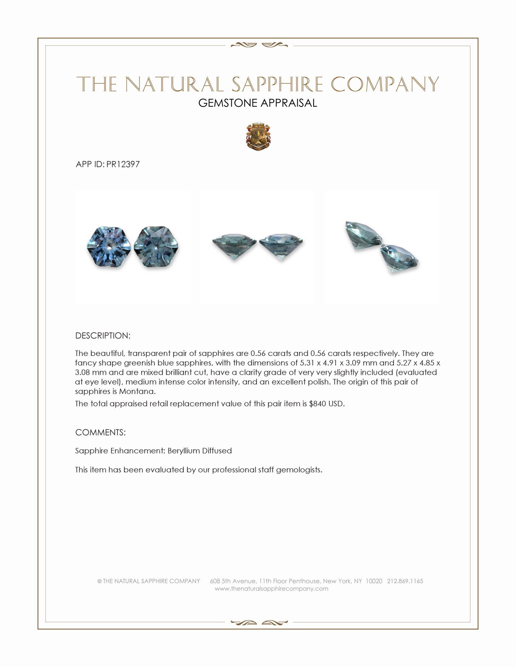1.12 Ct.Tw. Greenish Blue Sapphire Pair from Montana