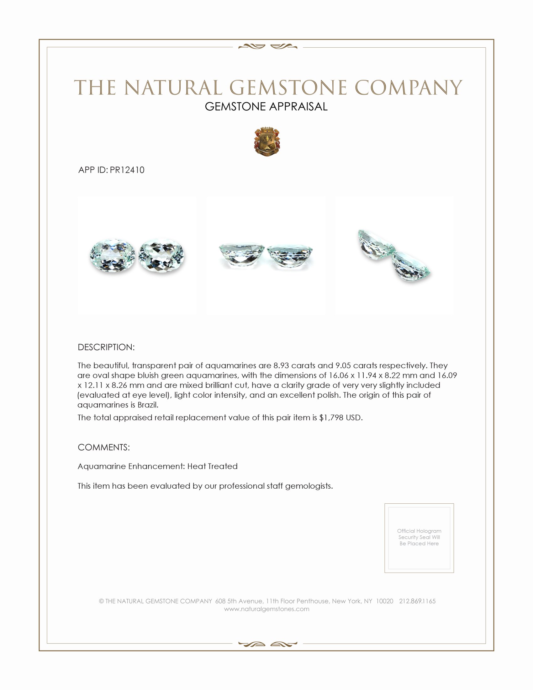 17.98 Ct.Tw. Bluish Green Aquamarine Pair from Brazil