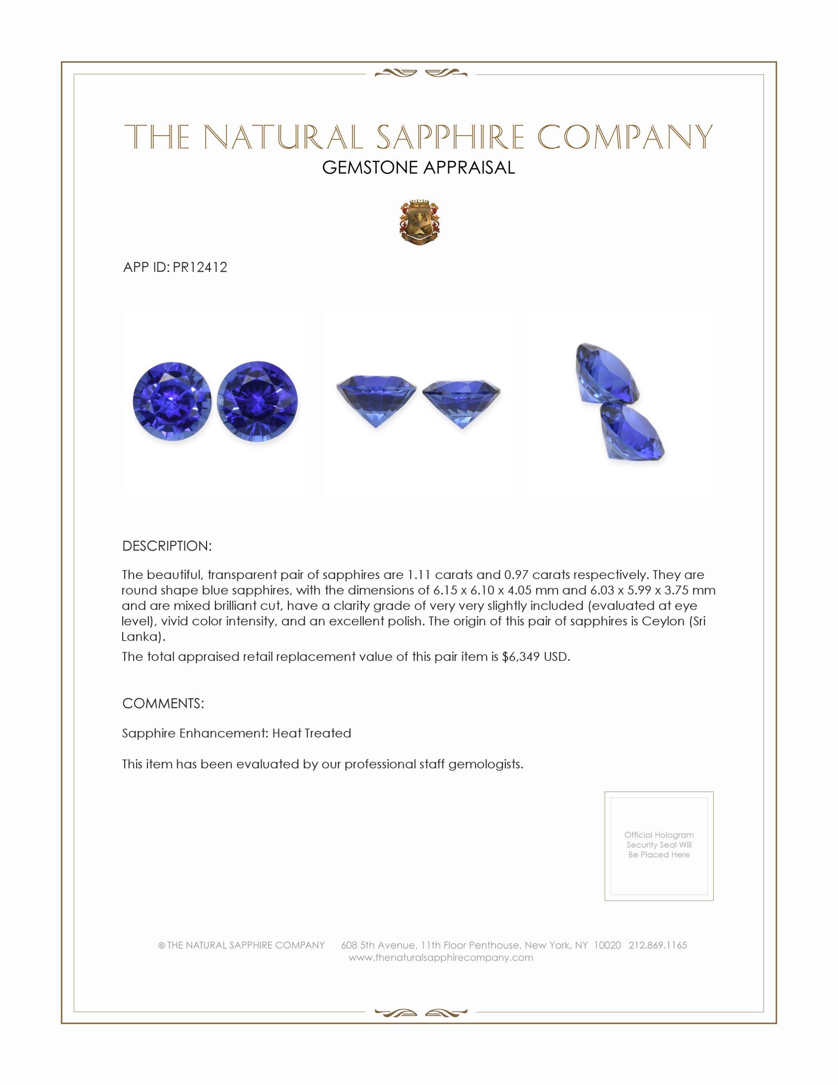 2.08 Ct.Tw. Blue Sapphire Pair from Ceylon (Sri Lanka)