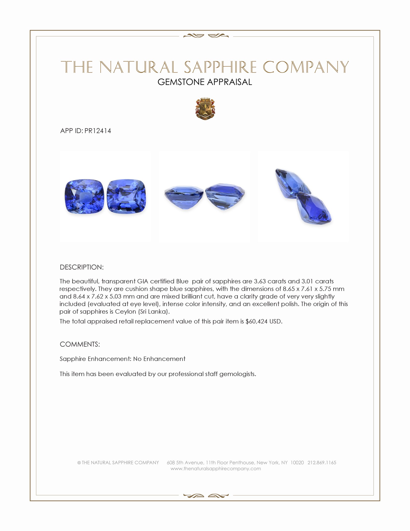 6.64 Ct.Tw. Blue Sapphire Pair from Ceylon (Sri Lanka)