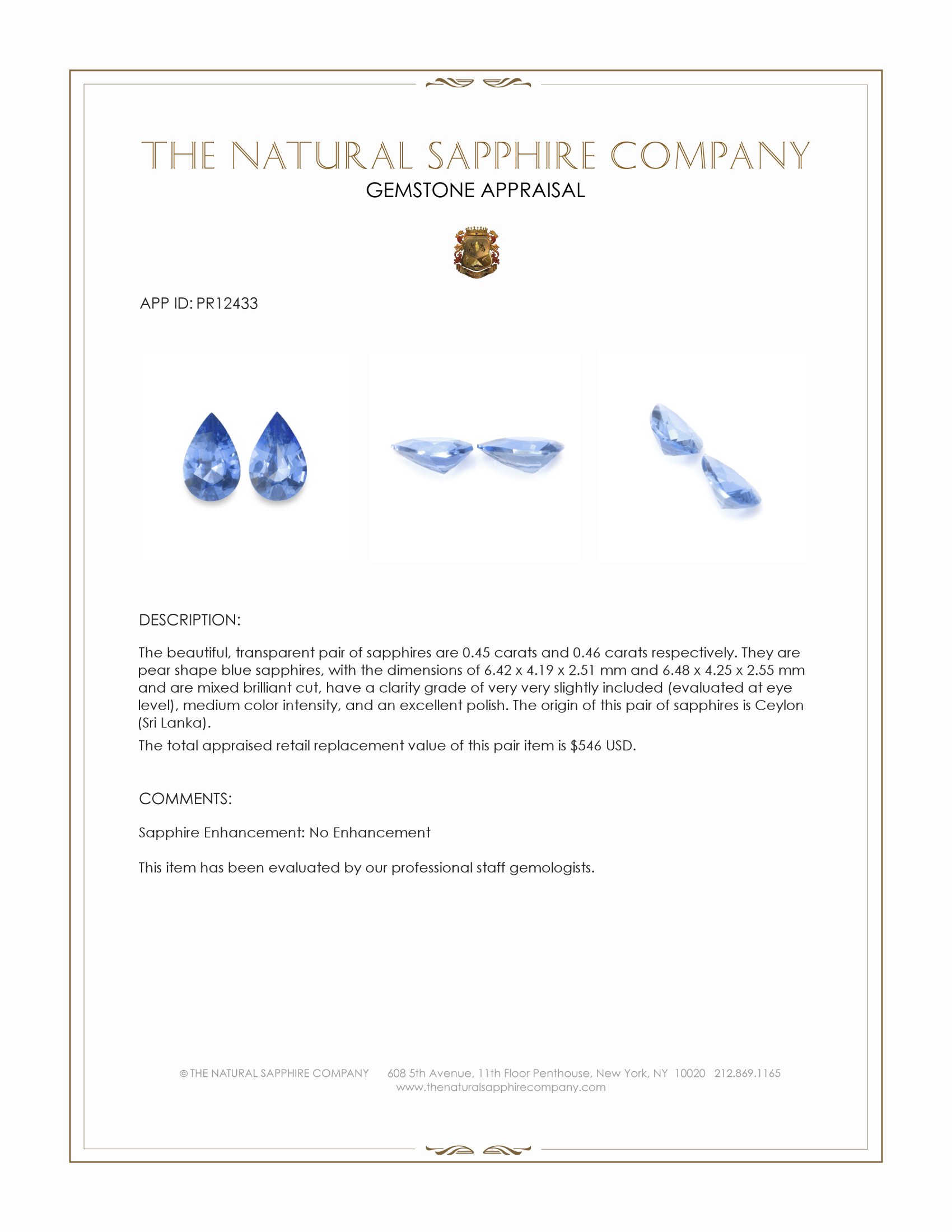 0.91 Ct.Tw. Blue Sapphire Pair from Ceylon (Sri Lanka)