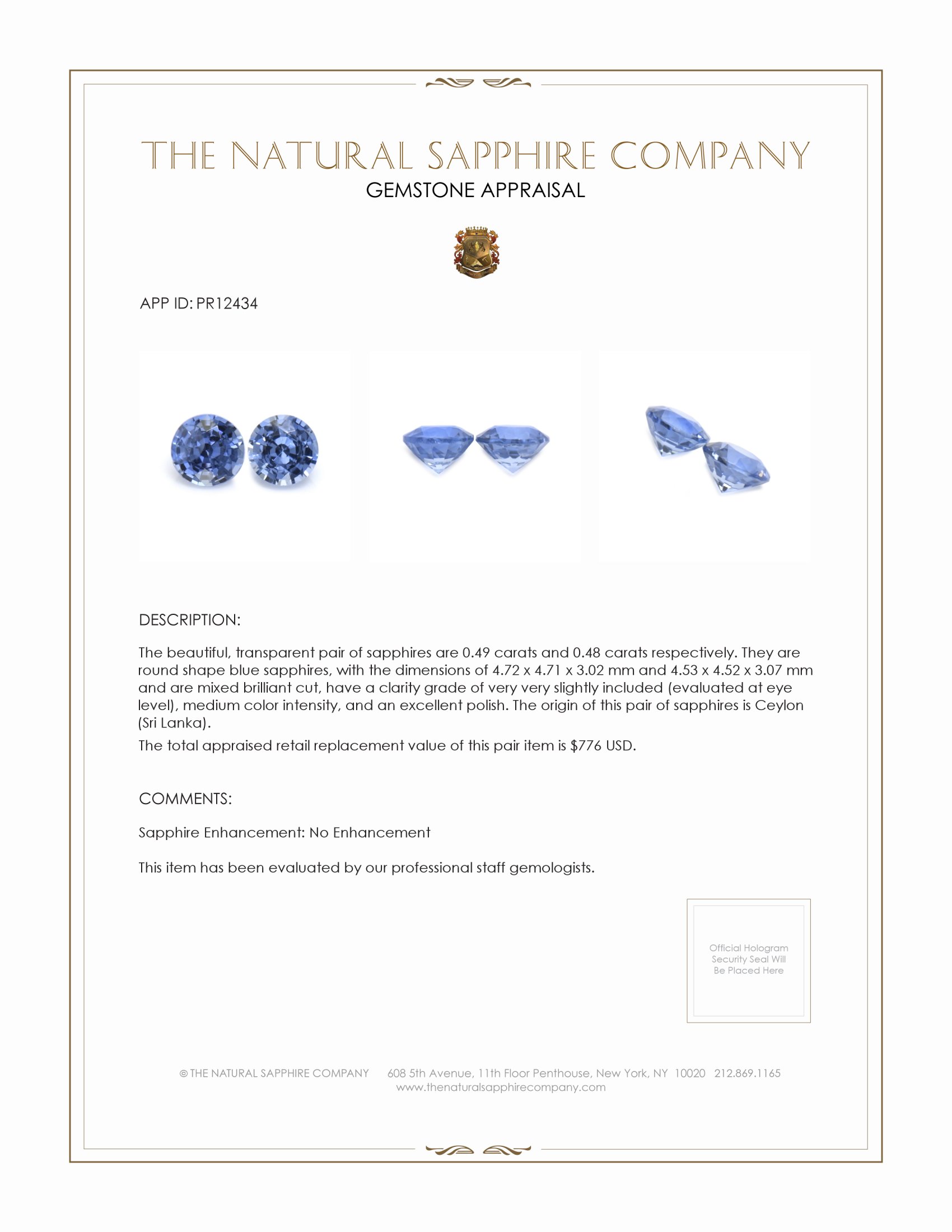 0.97 Ct.Tw. Blue Sapphire Pair from Ceylon (Sri Lanka)