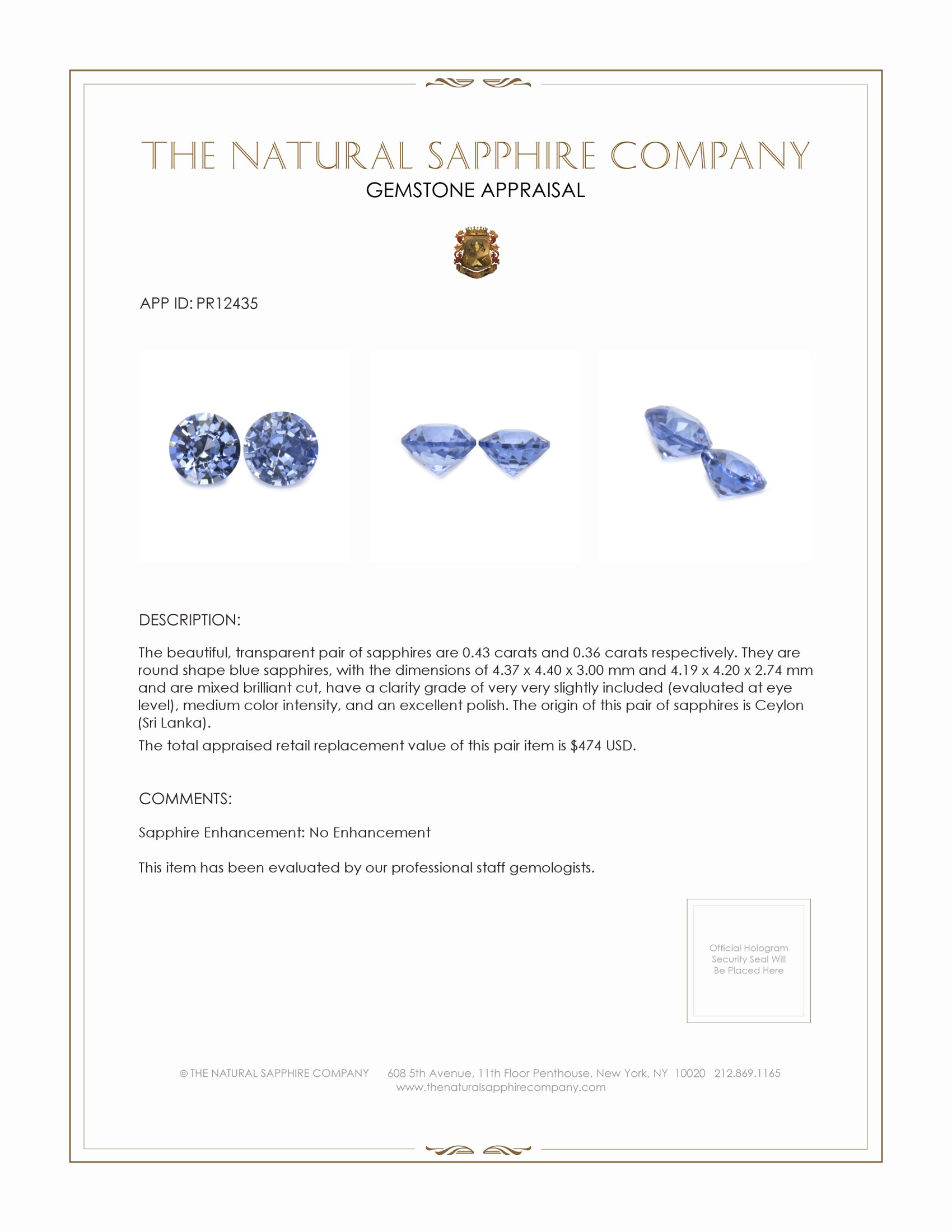 0.79 Ct.Tw. Blue Sapphire Pair from Ceylon (Sri Lanka)