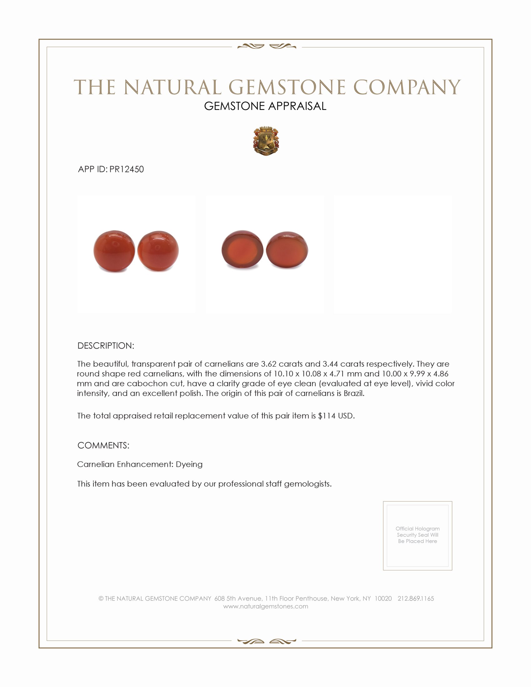 7.06 Ct.Tw. Red Cabochon Carnelian Pair from Brazil