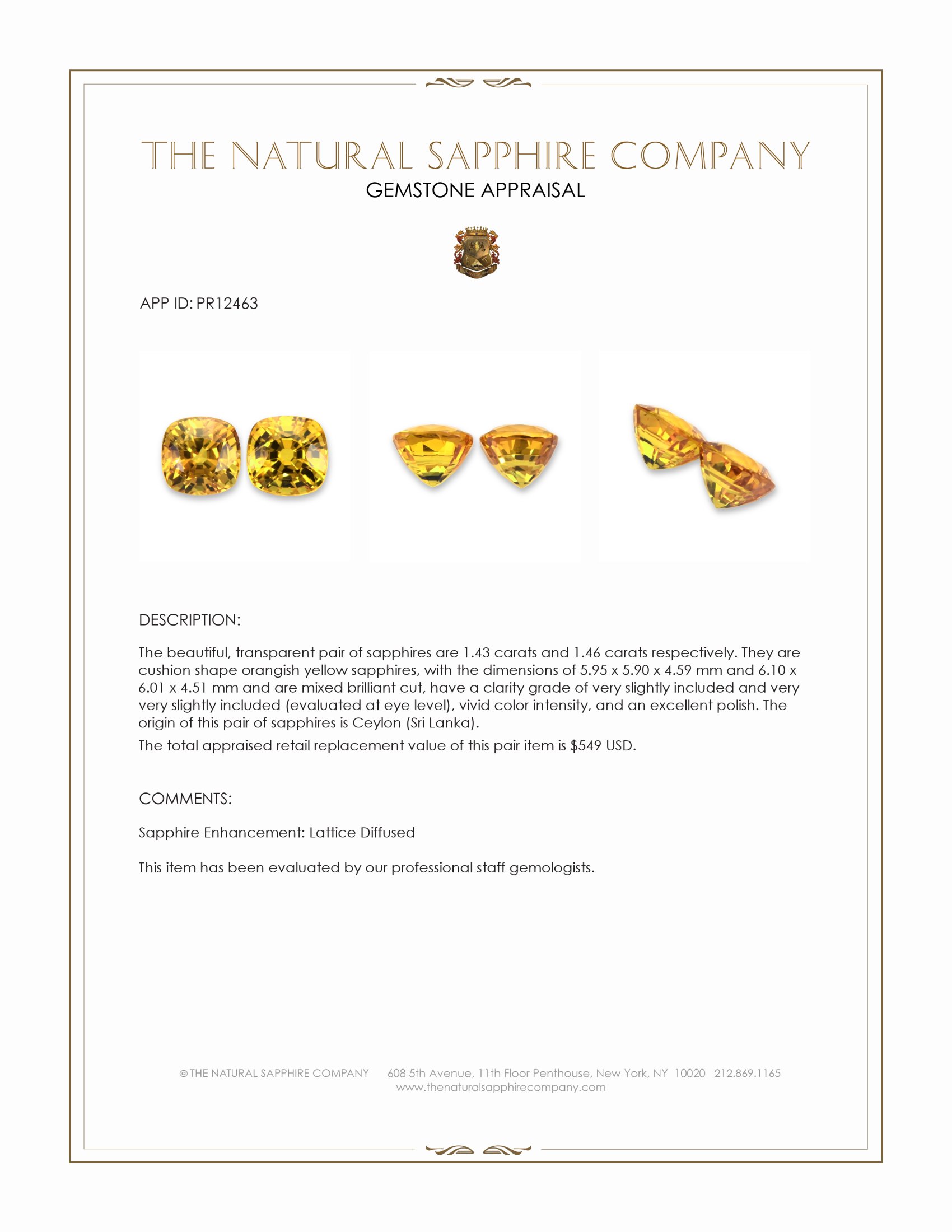 2.89 Ct.Tw. Orangish Yellow Sapphire Pair from Ceylon (Sri Lanka)