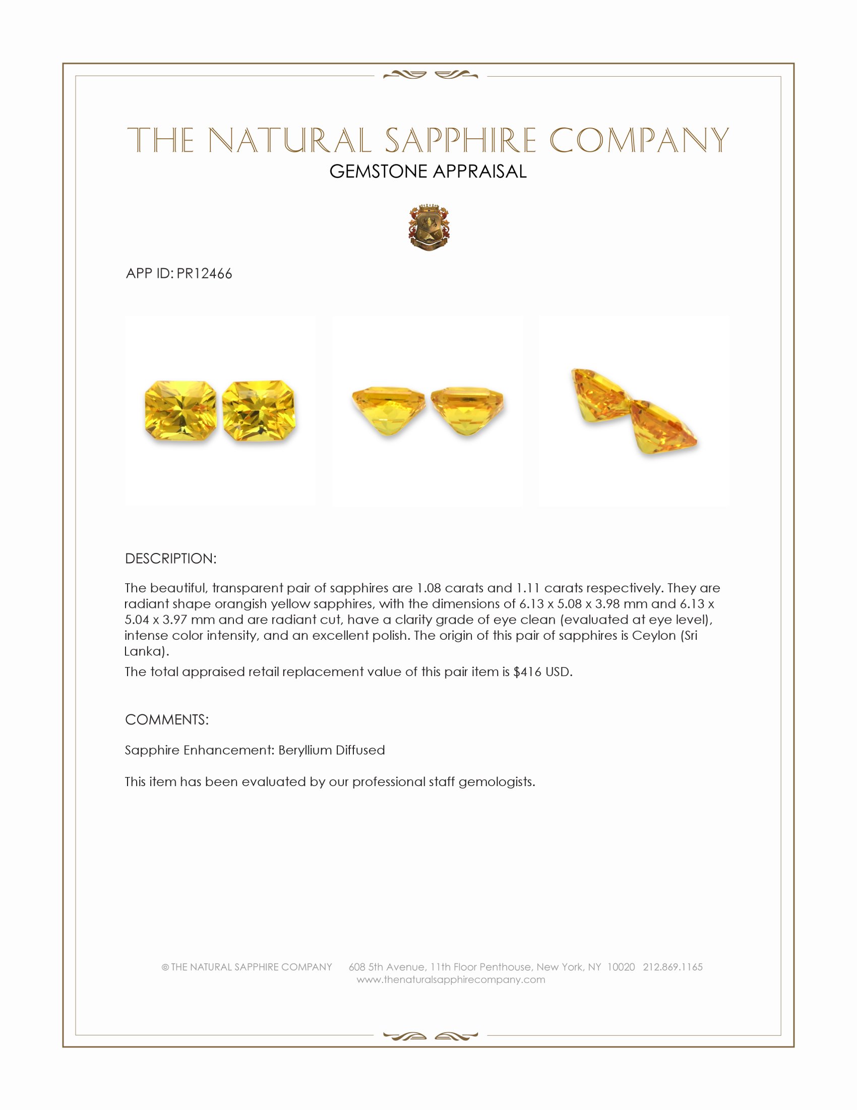 2.19 Ct.Tw. Orangish Yellow Sapphire Pair from Ceylon (Sri Lanka)