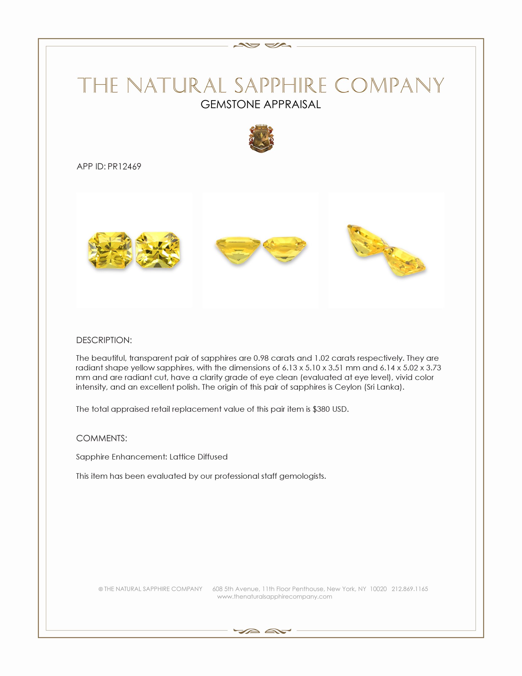 2.00 Ct.Tw. Yellow Sapphire Pair from Ceylon (Sri Lanka)