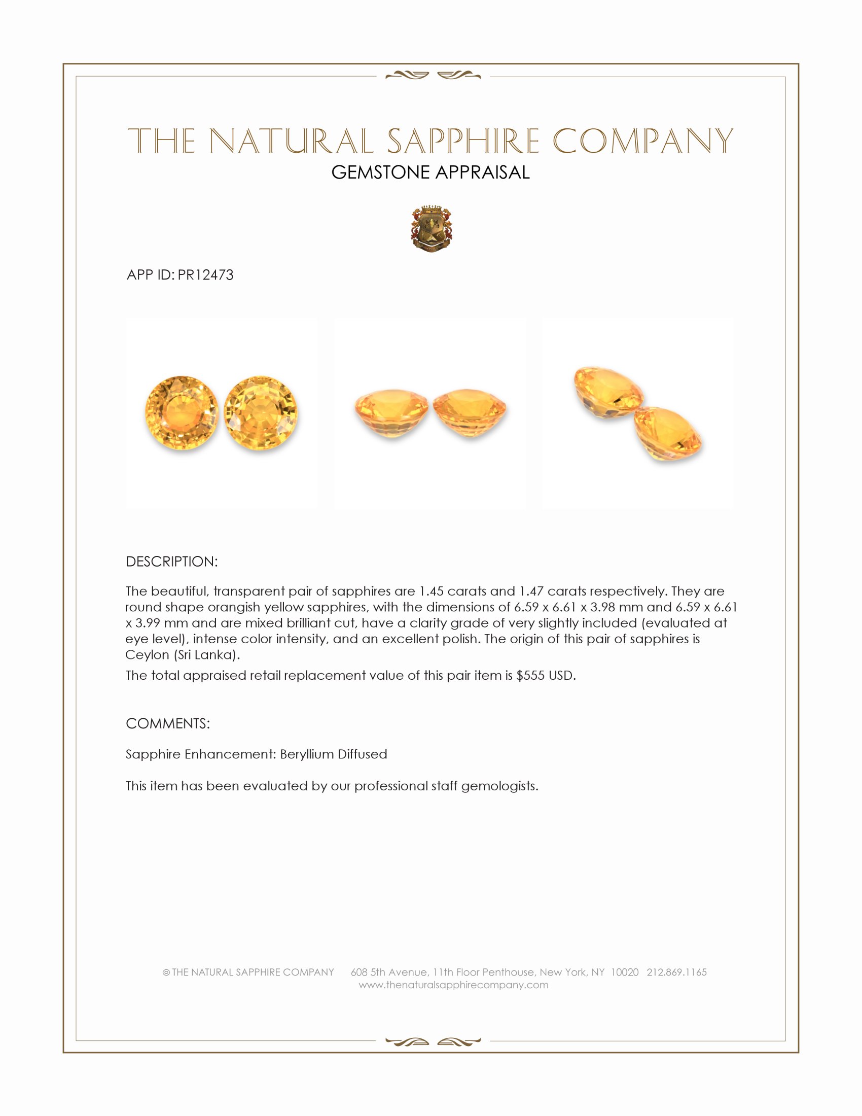 2.92 Ct.Tw. Orangish Yellow Sapphire Pair from Ceylon (Sri Lanka)