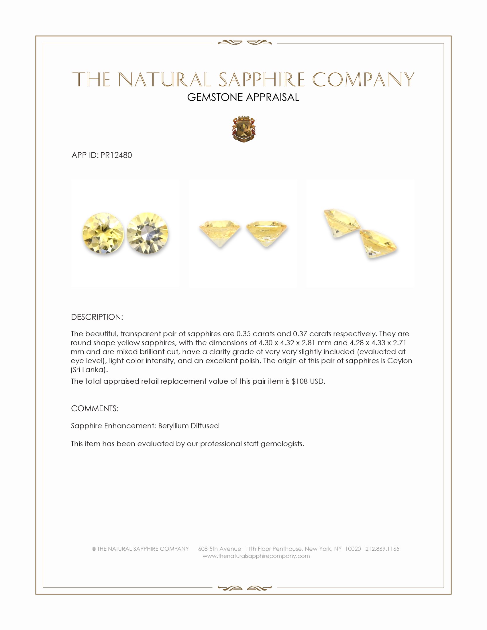 0.72 Ct.Tw. Yellow Sapphire Pair from Ceylon (Sri Lanka)