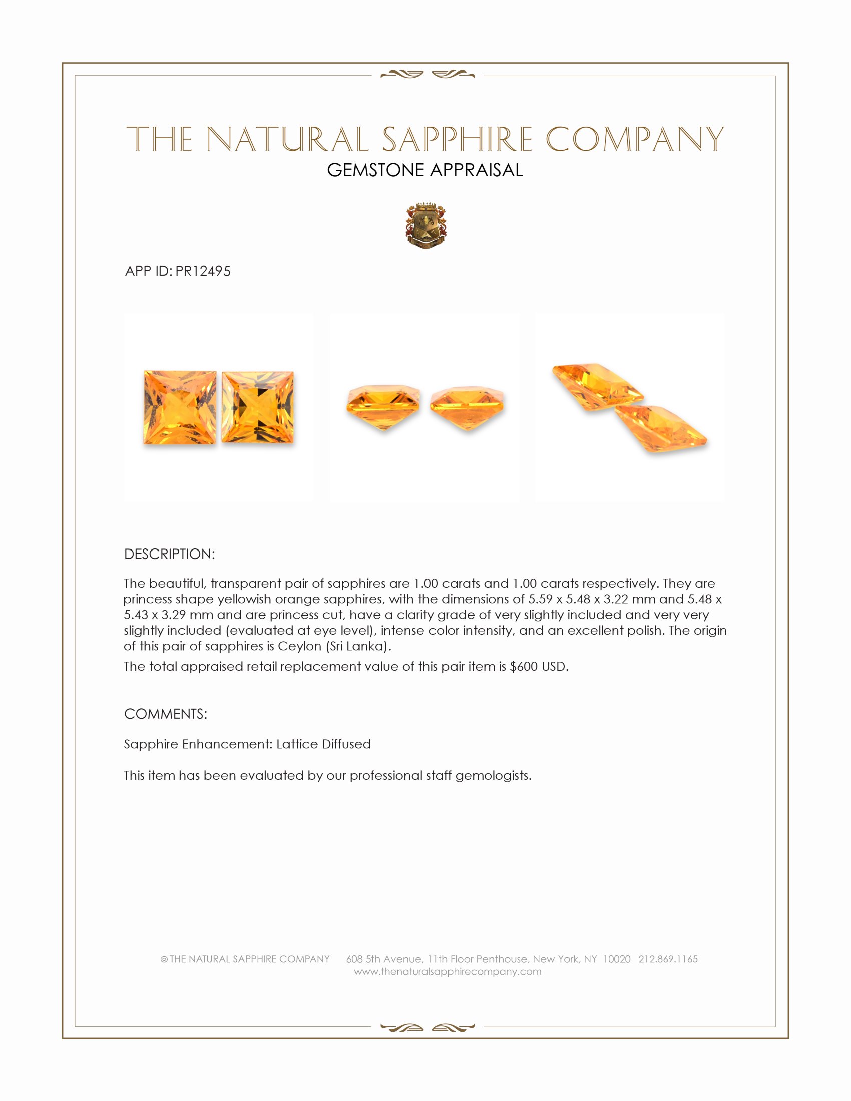 2.00 Ct.Tw. Yellowish Orange Sapphire Pair from Ceylon (Sri Lanka)