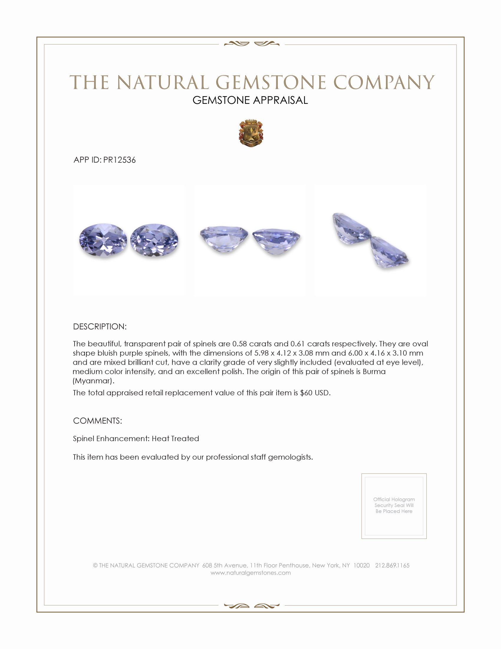 1.19 Ct.Tw. Spinel Pair from Burma (Myanmar)