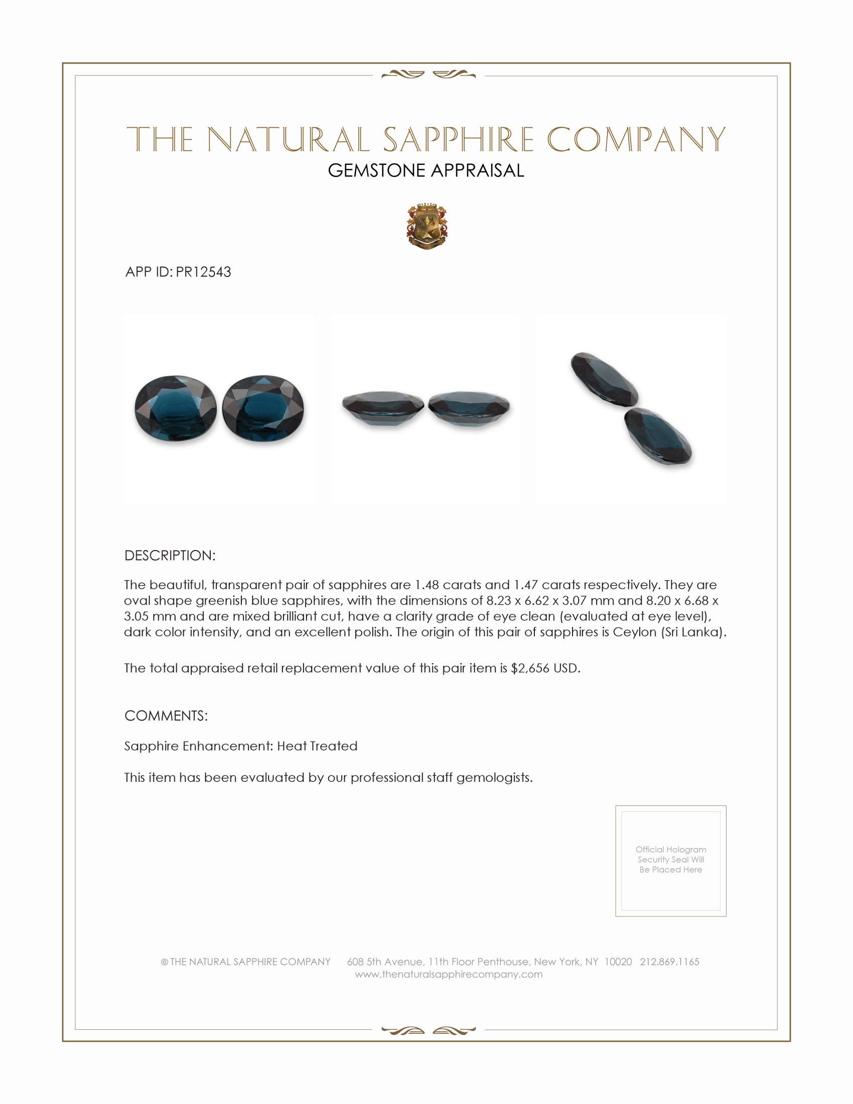 2.95 Ct.Tw. Greenish Blue Sapphire Pair from Ceylon (Sri Lanka)