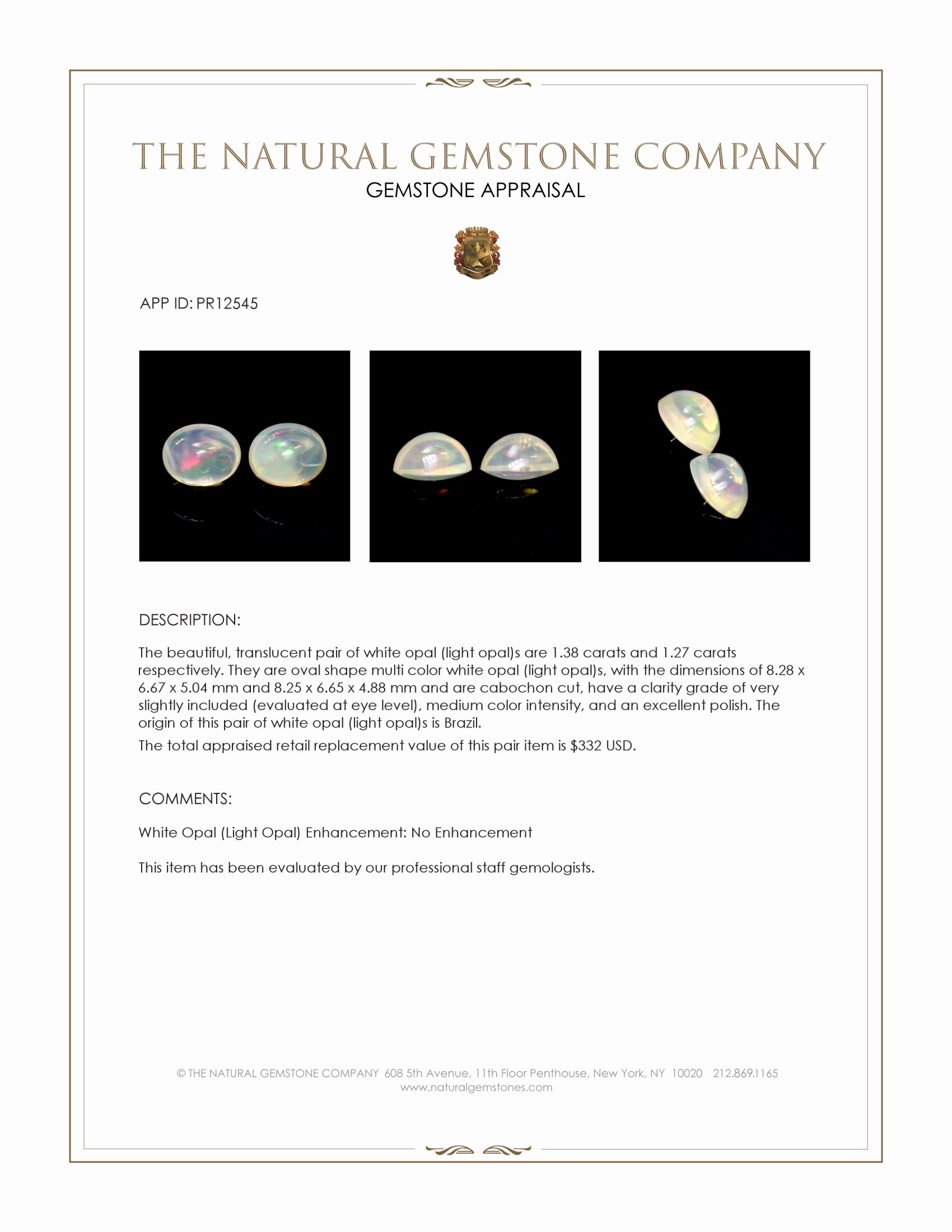 2.65 Ct.Tw. Multi Color Cabochon White Opal (Light Opal) Pair from Brazil