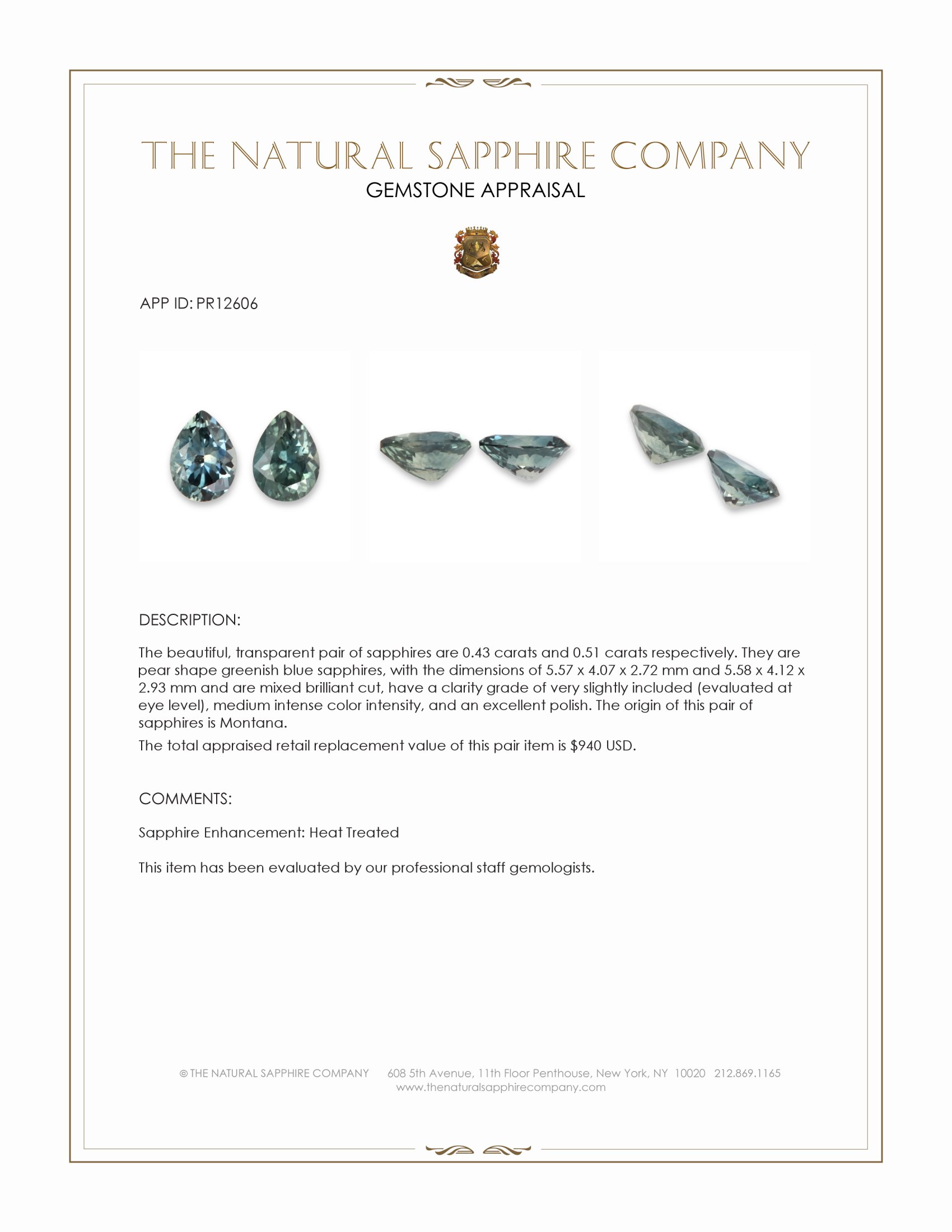 0.94 Ct.Tw. Greenish Blue Sapphire Pair from Montana