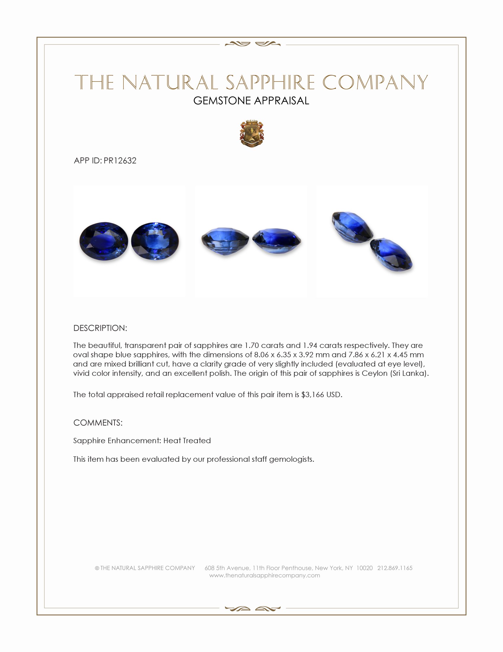 3.64 Ct.Tw. Blue Sapphire Pair from Ceylon (Sri Lanka)