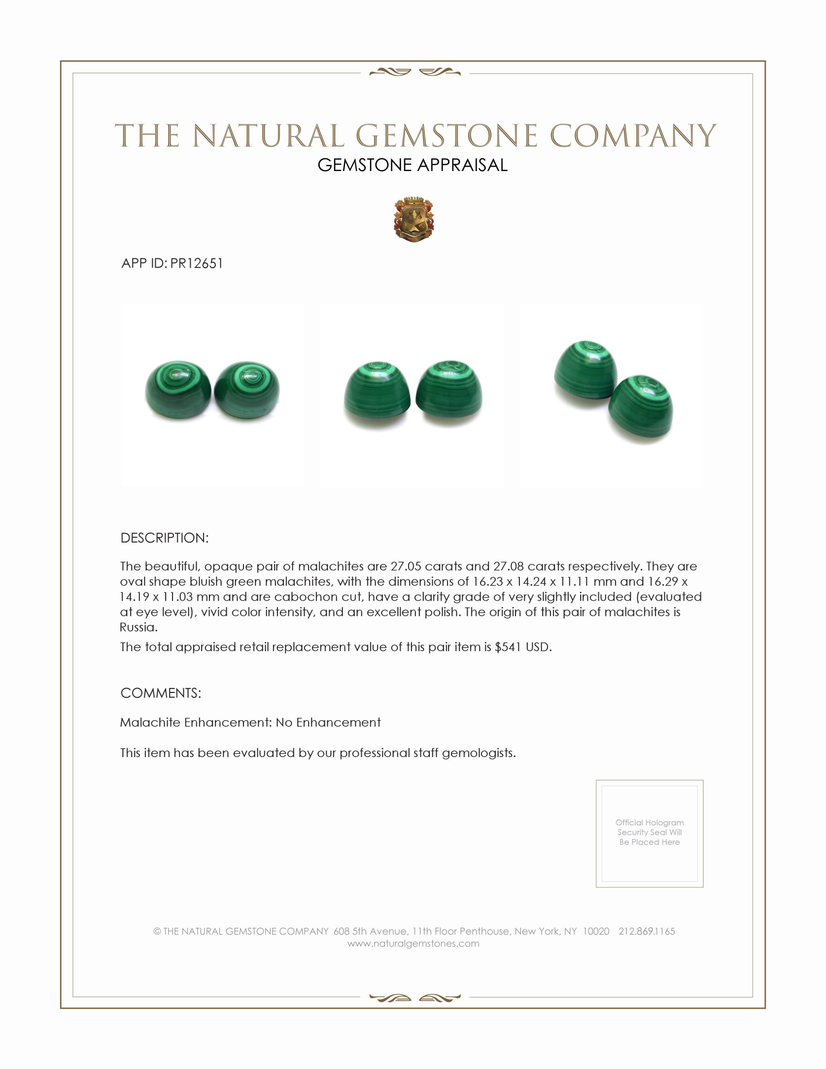 54.13 Ct.Tw. Cabochon Malachite Pair from Russia